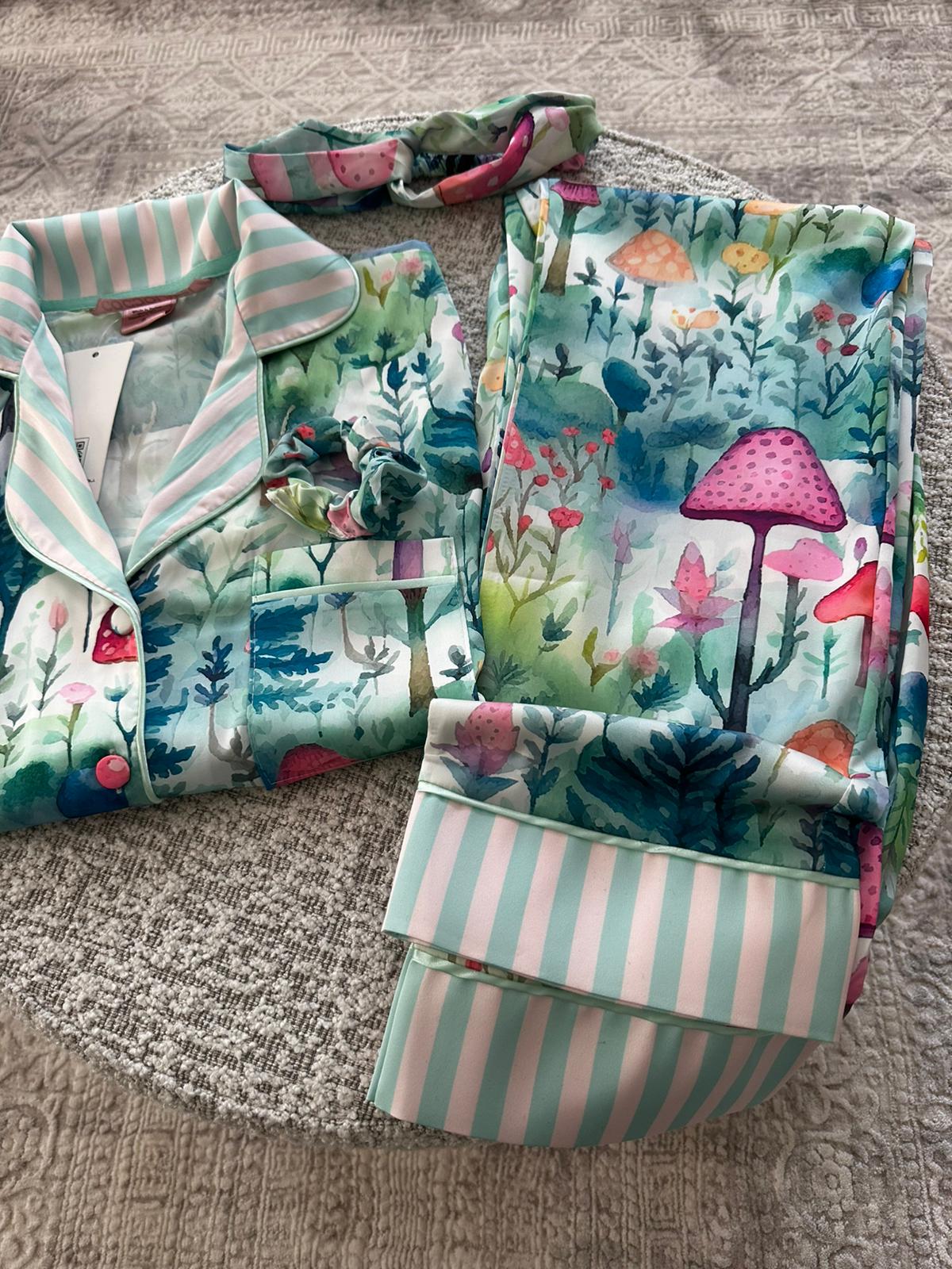 4 Parça Premium Saten Pijama Seti | Toka & Bandana Dahil ✨