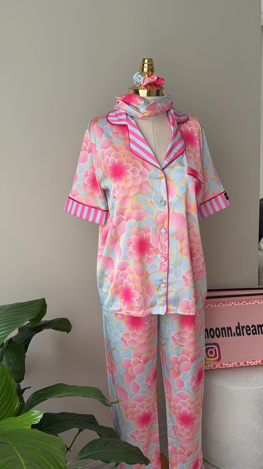 4 Parça Premium Saten Pijama Seti | Toka & Bandana Dahil ✨