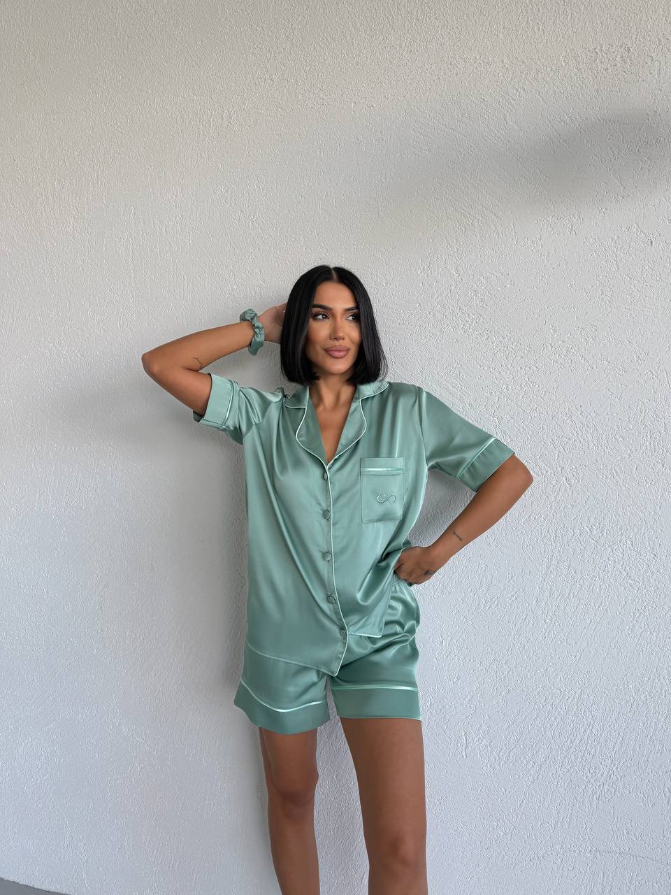 4 Parça Premium Saten Pijama Seti | Toka & Bandana Dahil ✨