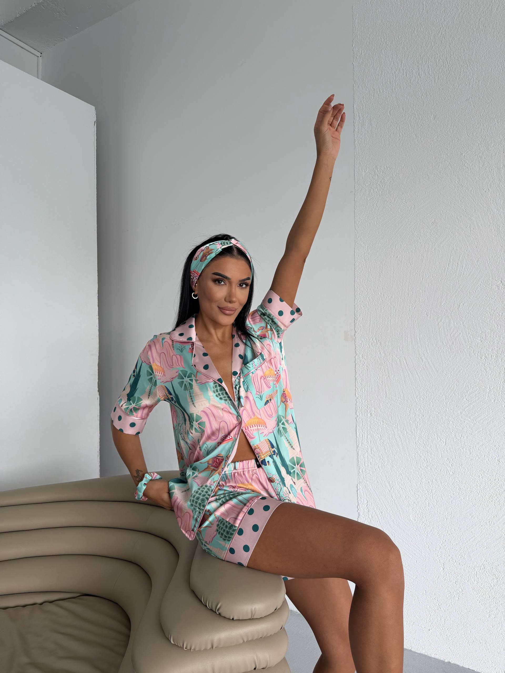 4 Parça Premium Saten Pijama Seti | Toka & Bandana Dahil ✨