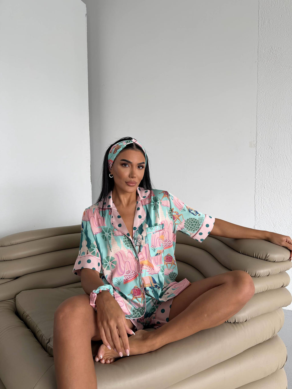 4 Parça Premium Saten Pijama Seti | Toka & Bandana Dahil ✨