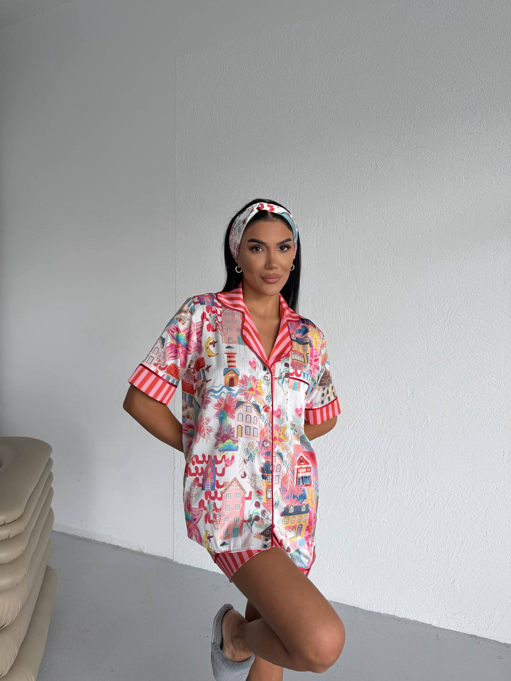 4 Parça Premium Saten Pijama Seti | Toka & Bandana Dahil ✨