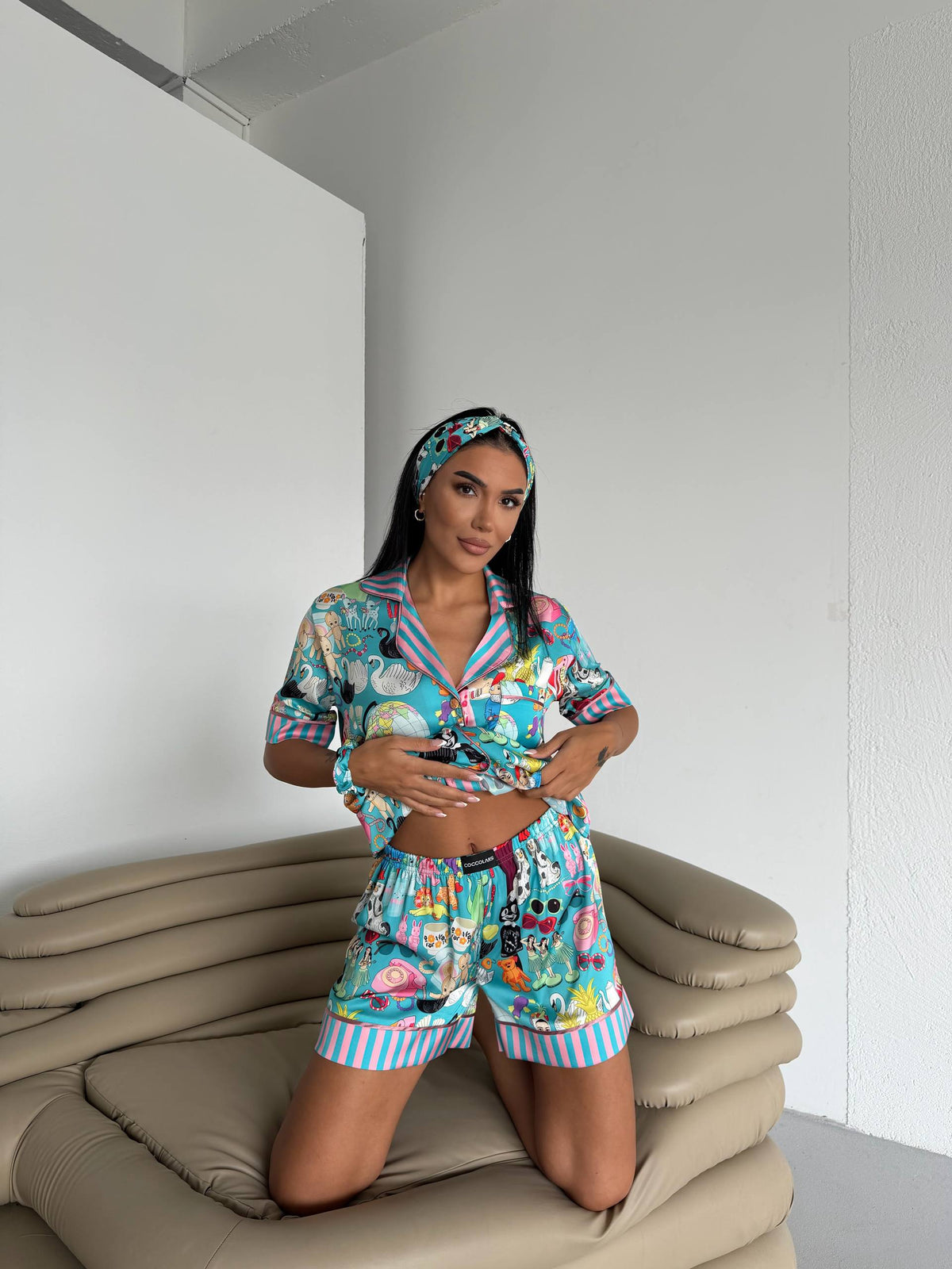 4 Parça Premium Saten Pijama Seti | Toka & Bandana Dahil ✨