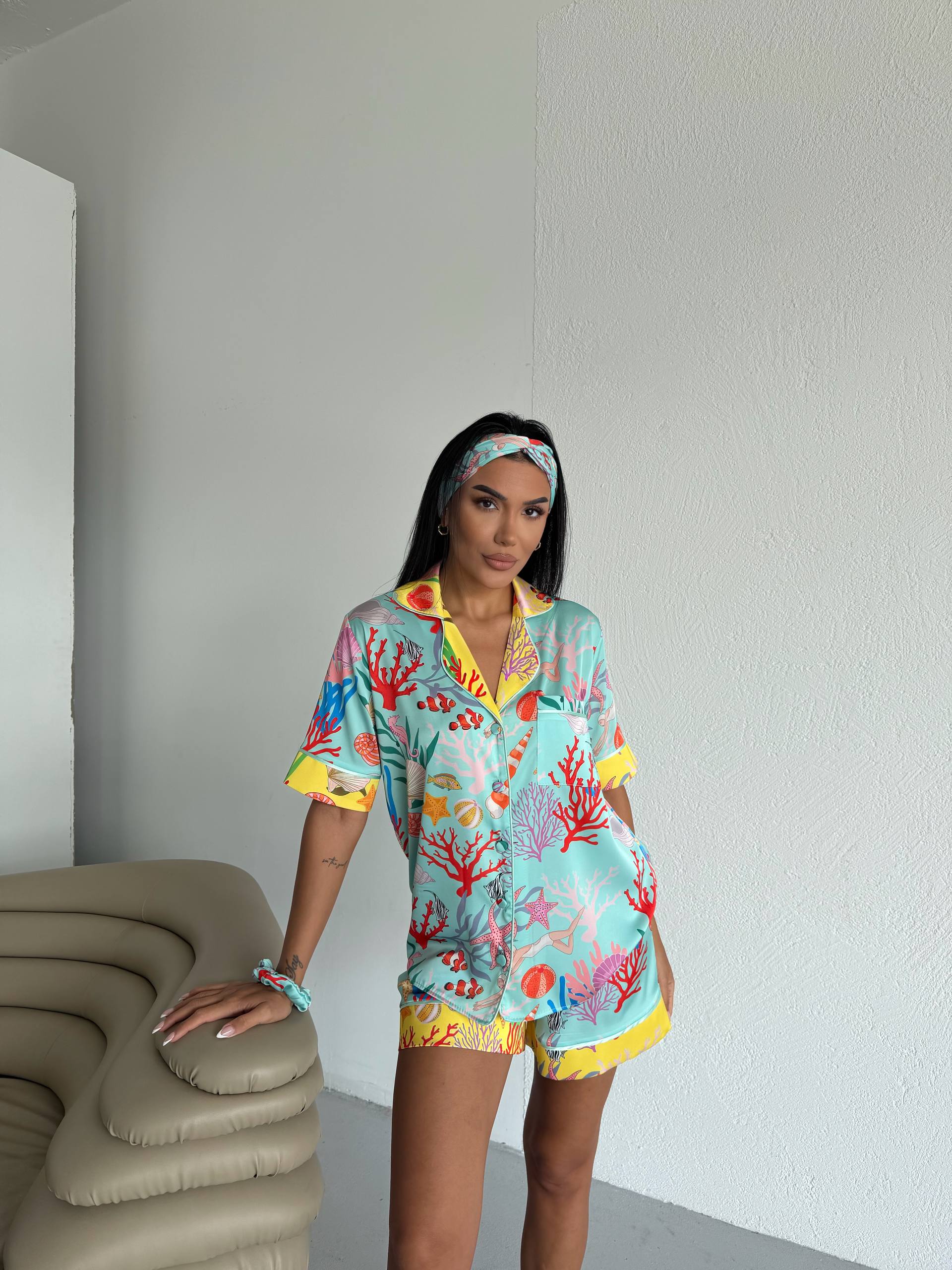4 Parça Premium Saten Pijama Seti | Toka & Bandana Dahil ✨