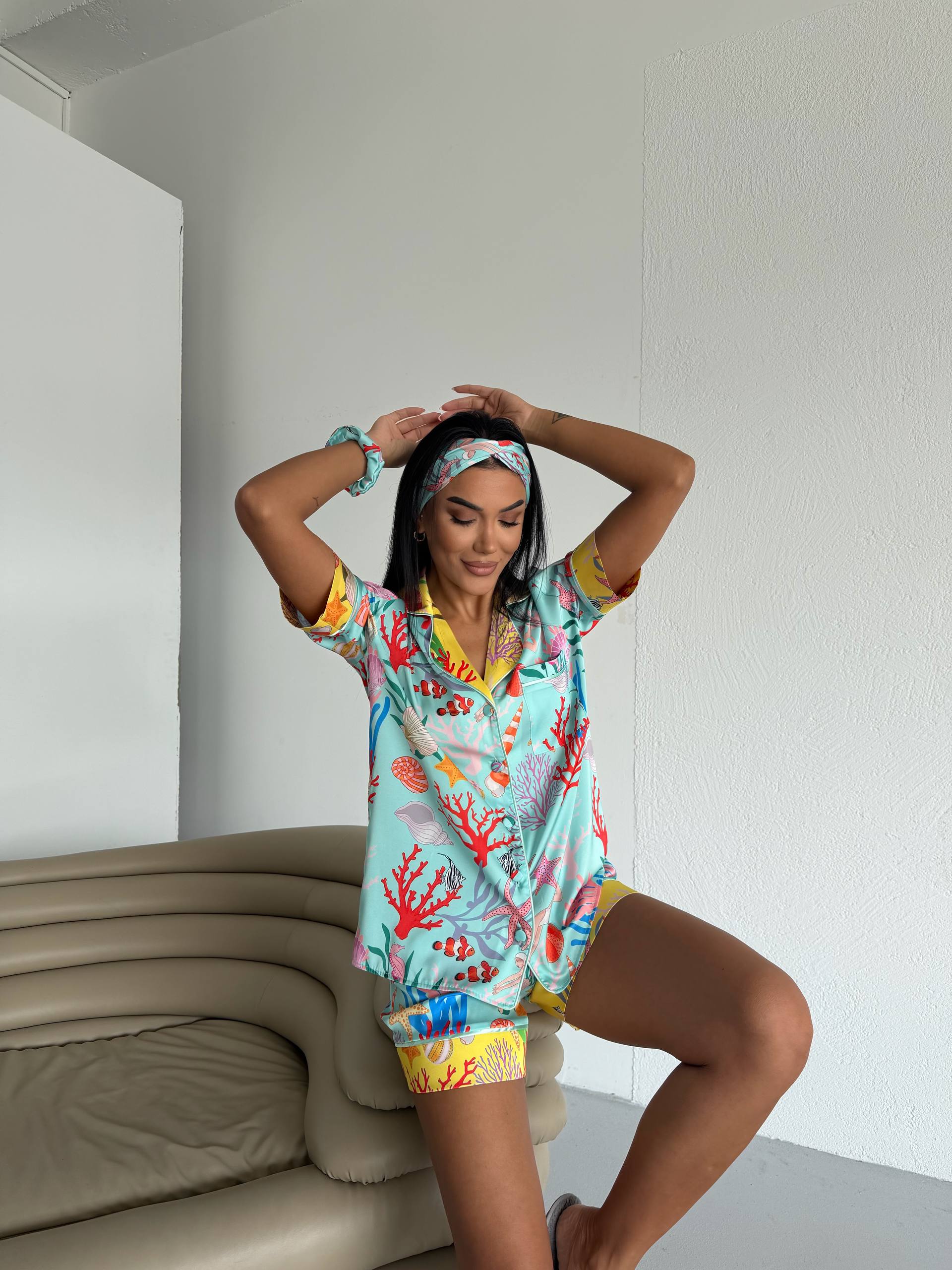 4 Parça Premium Saten Pijama Seti | Toka & Bandana Dahil ✨