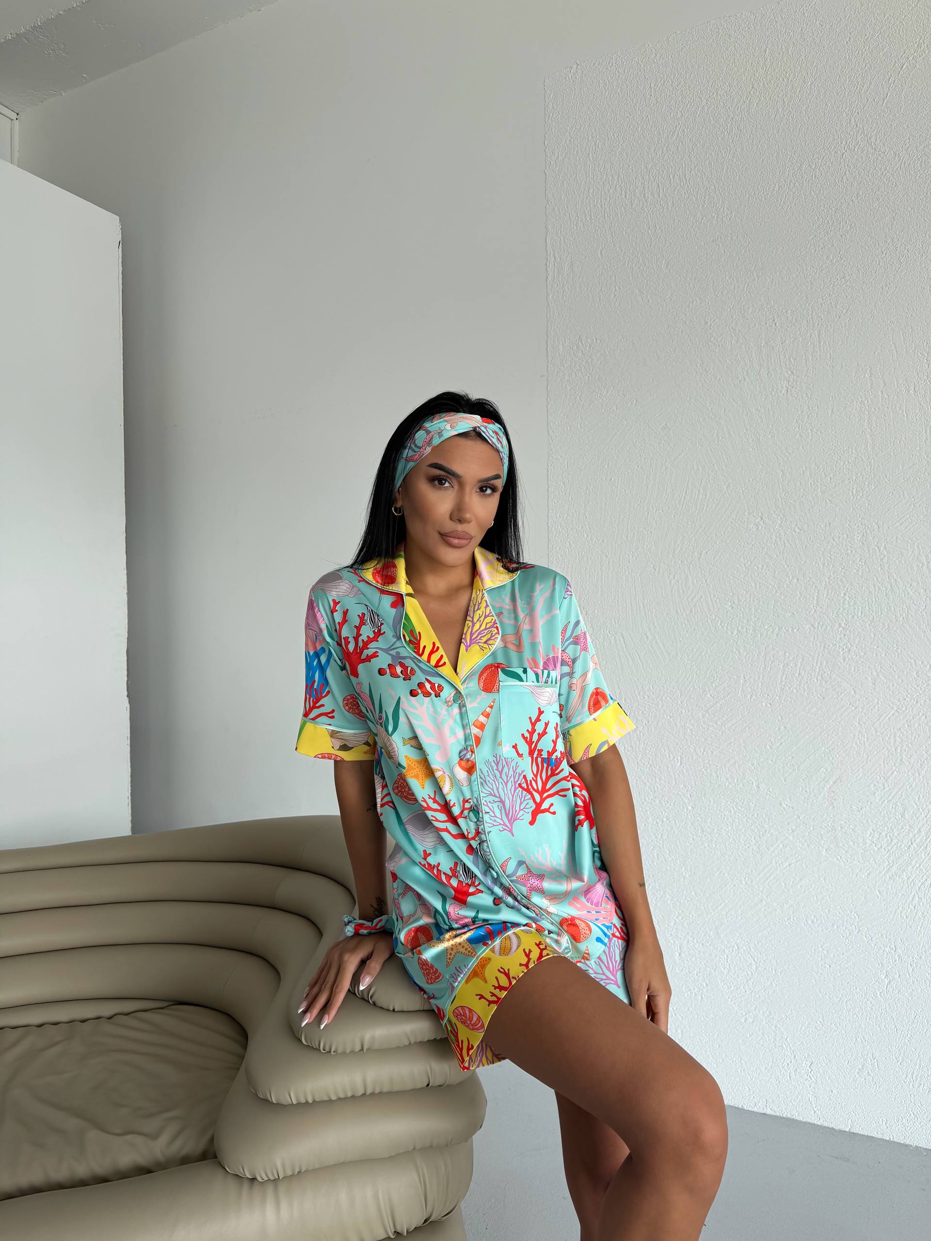 4 Parça Premium Saten Pijama Seti | Toka & Bandana Dahil ✨
