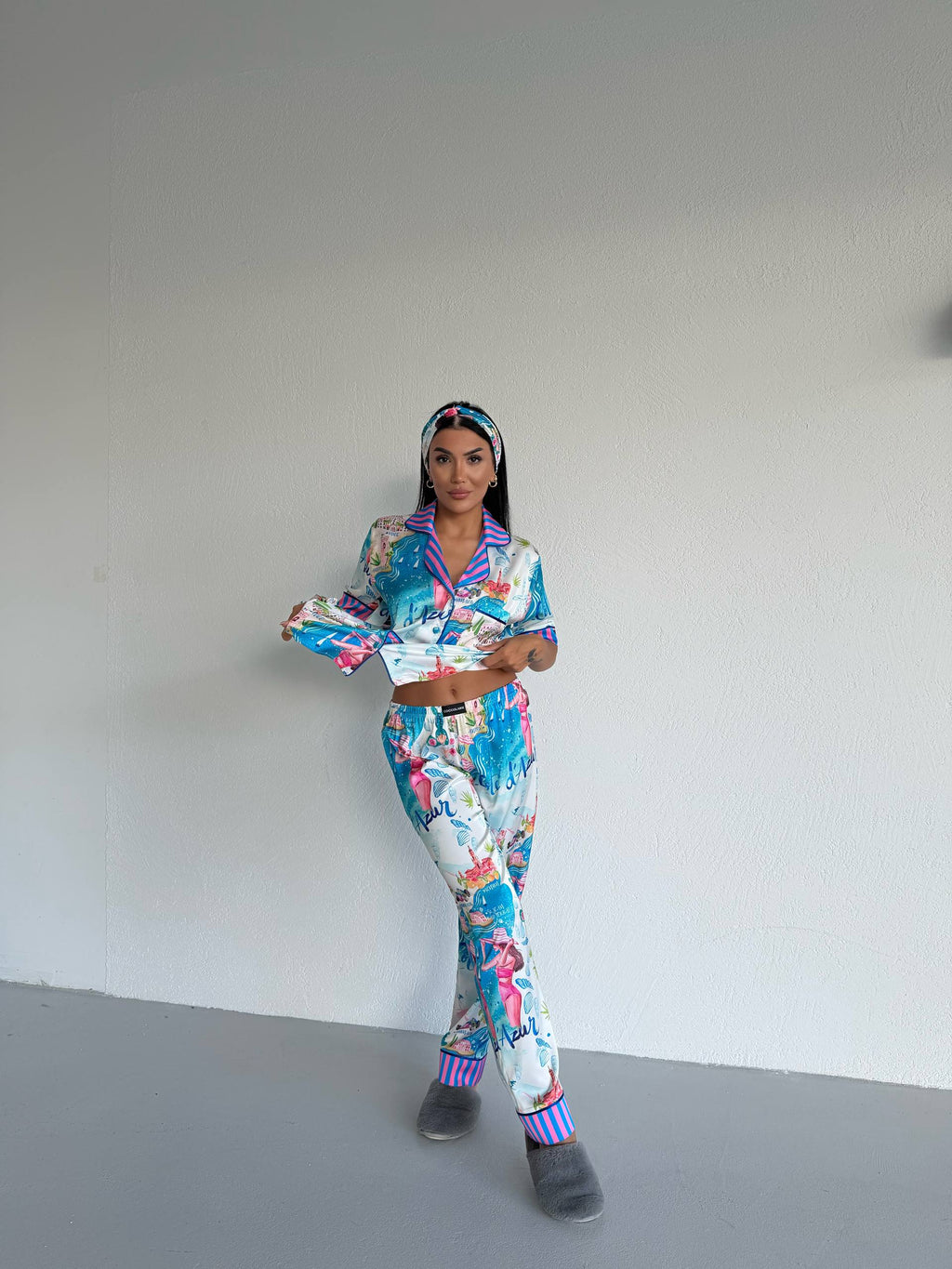 4 Parça Premium Saten Pijama Seti | Toka & Bandana Dahil ✨