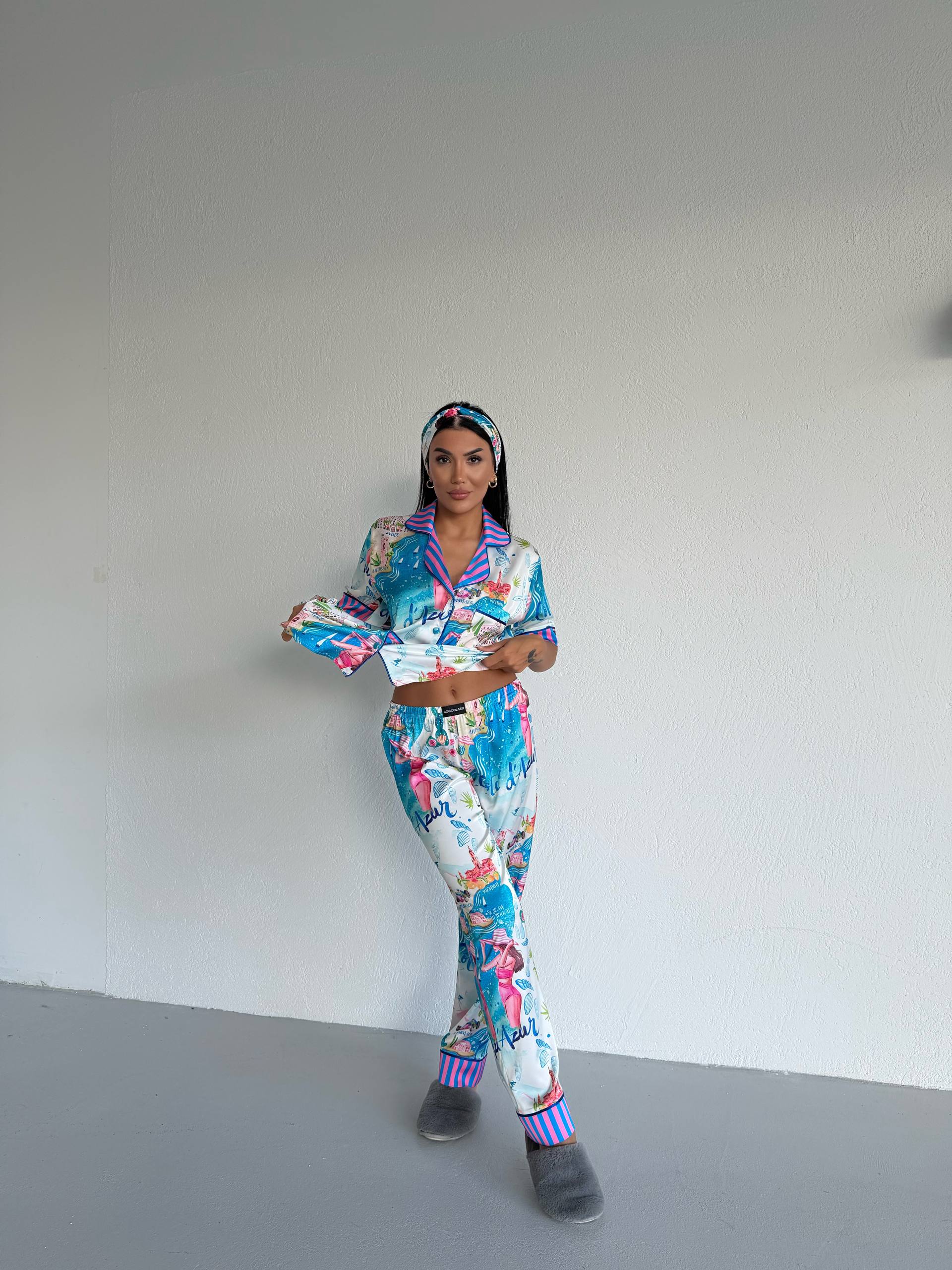 4 Parça Premium Saten Pijama Seti | Toka & Bandana Dahil ✨