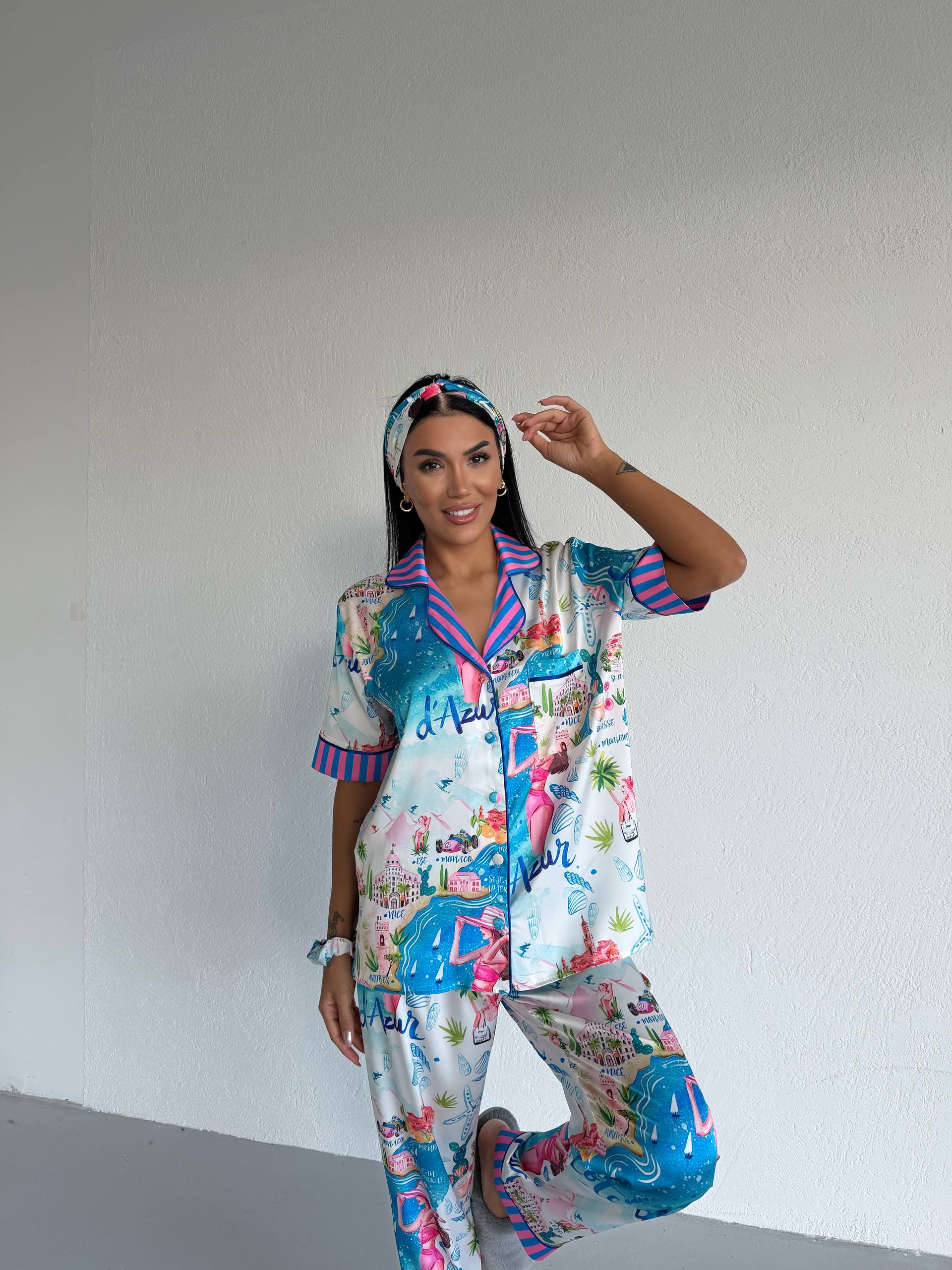 4 Parça Premium Saten Pijama Seti | Toka & Bandana Dahil ✨