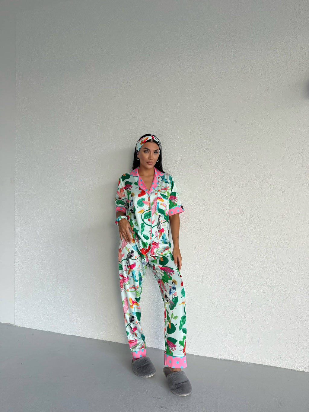4 Parça Premium Saten Pijama Seti | Toka & Bandana Dahil ✨