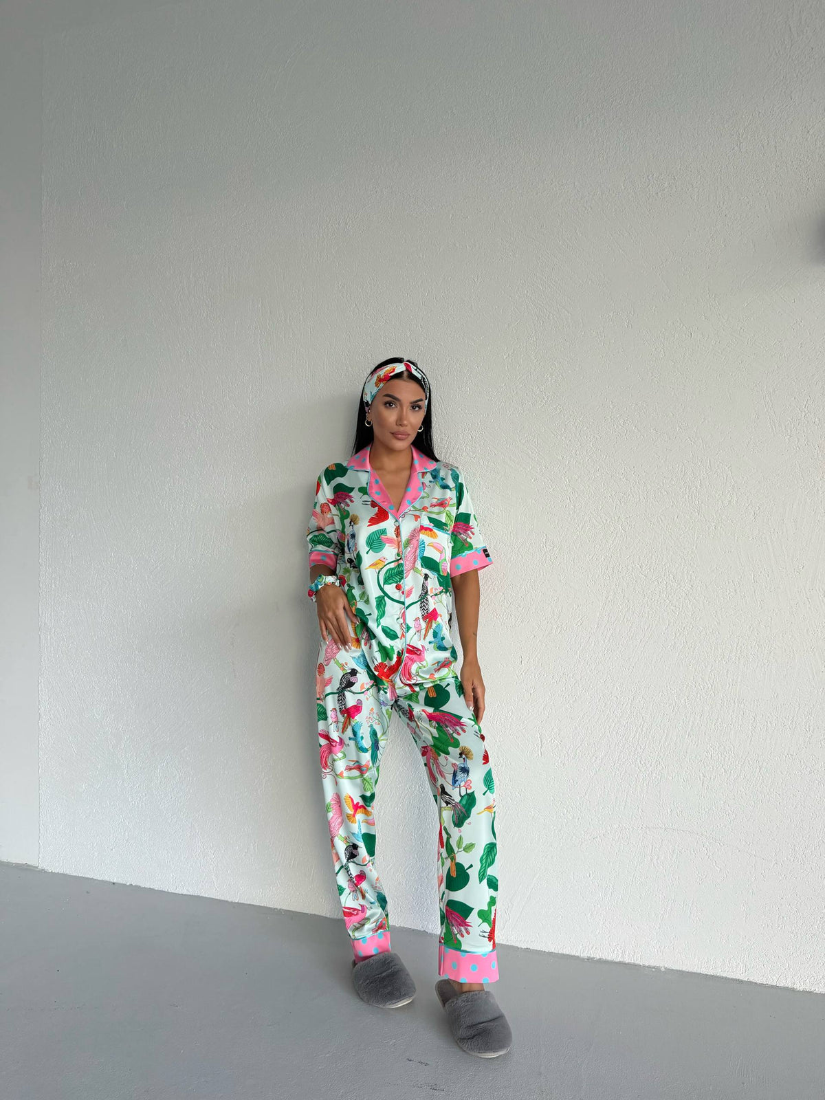 4 Parça Premium Saten Pijama Seti | Toka & Bandana Dahil ✨