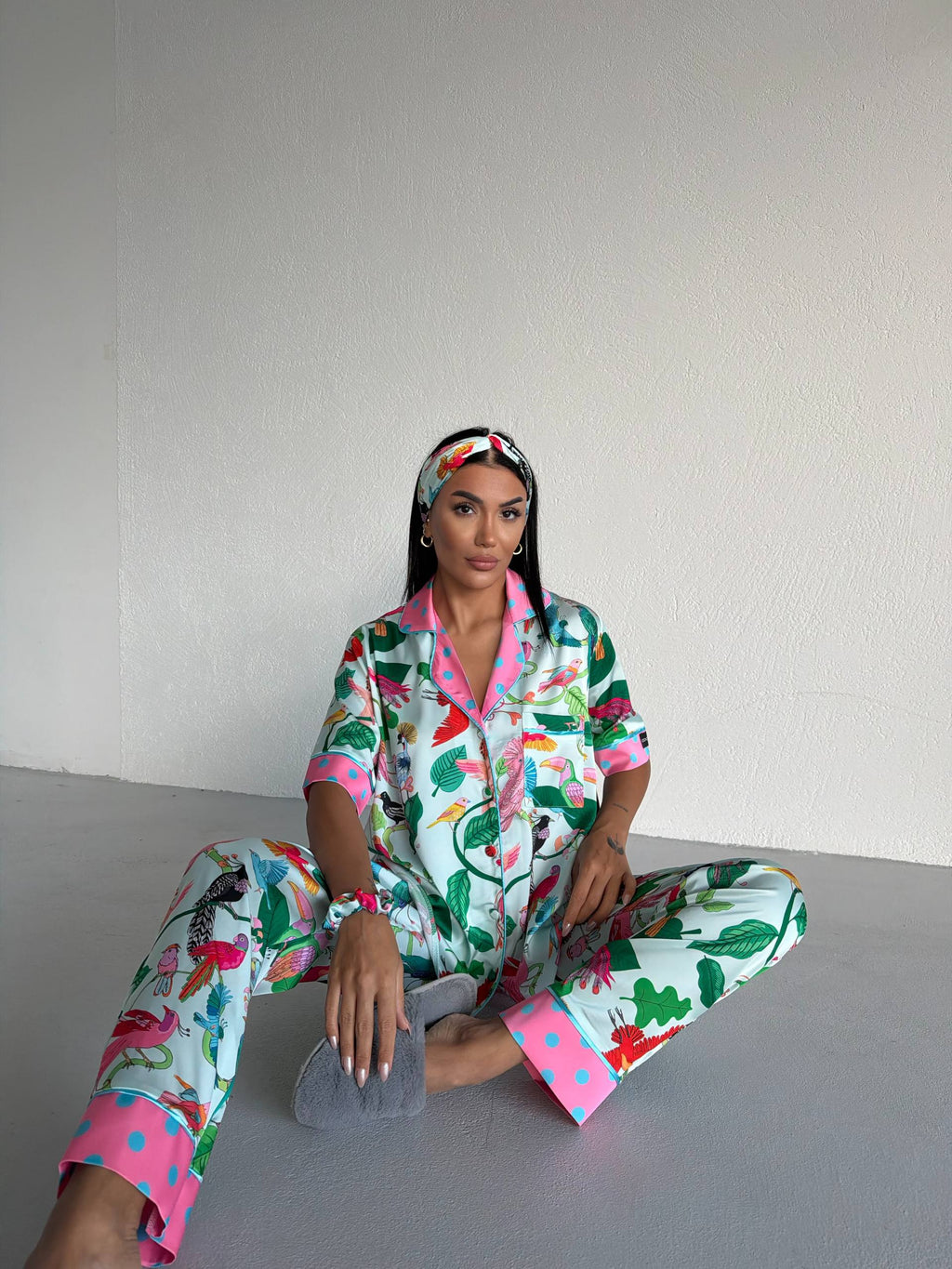 4 Parça Premium Saten Pijama Seti | Toka & Bandana Dahil ✨