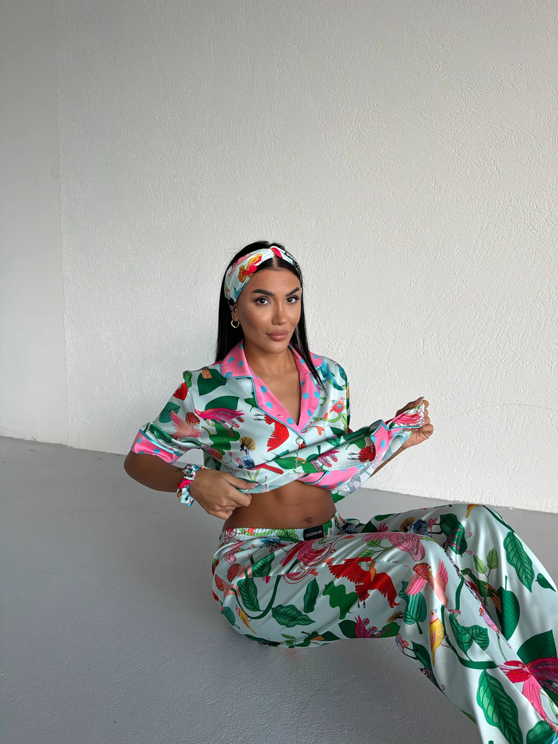 4 Parça Premium Saten Pijama Seti | Toka & Bandana Dahil ✨