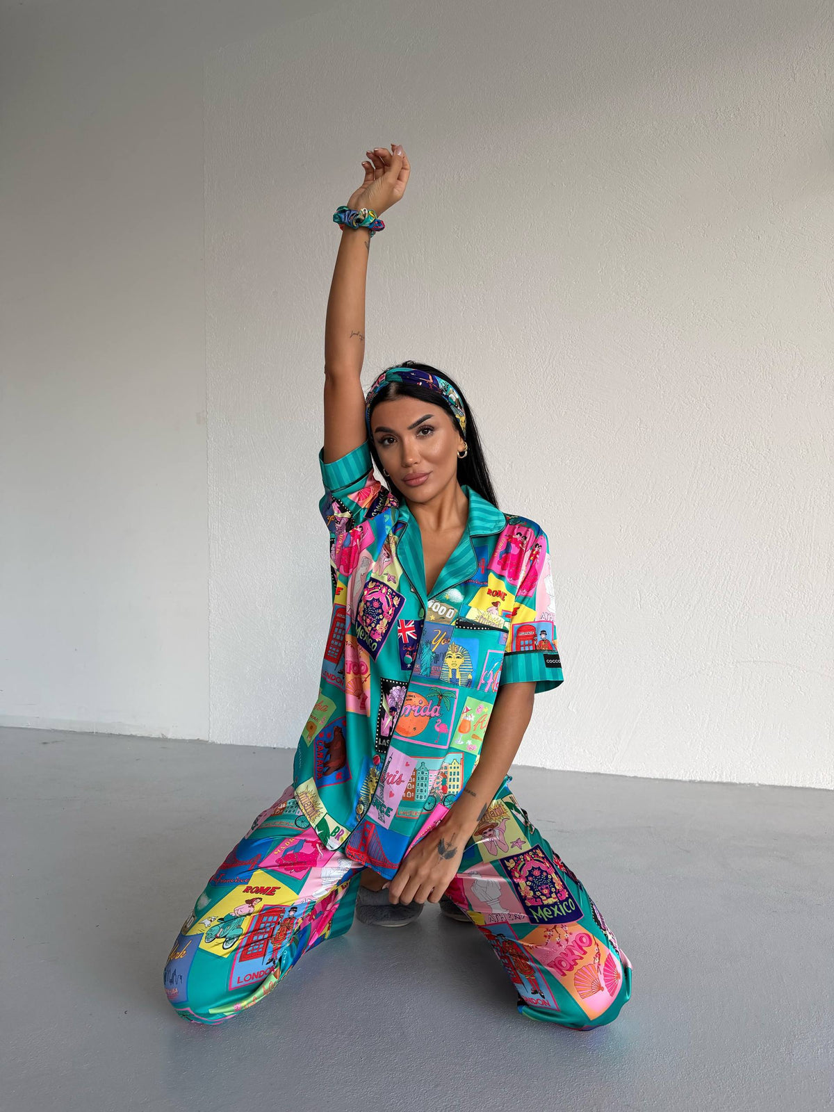 4 Parça Premium Saten Pijama Seti | Toka & Bandana Dahil ✨
