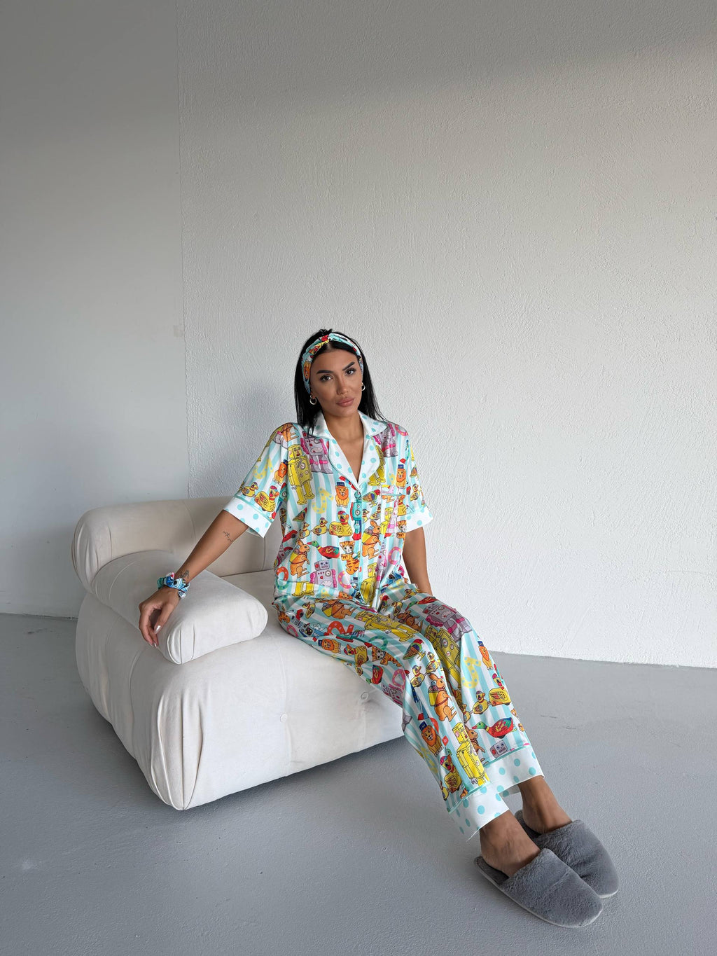 4 Parça Premium Saten Pijama Seti | Toka & Bandana Dahil ✨