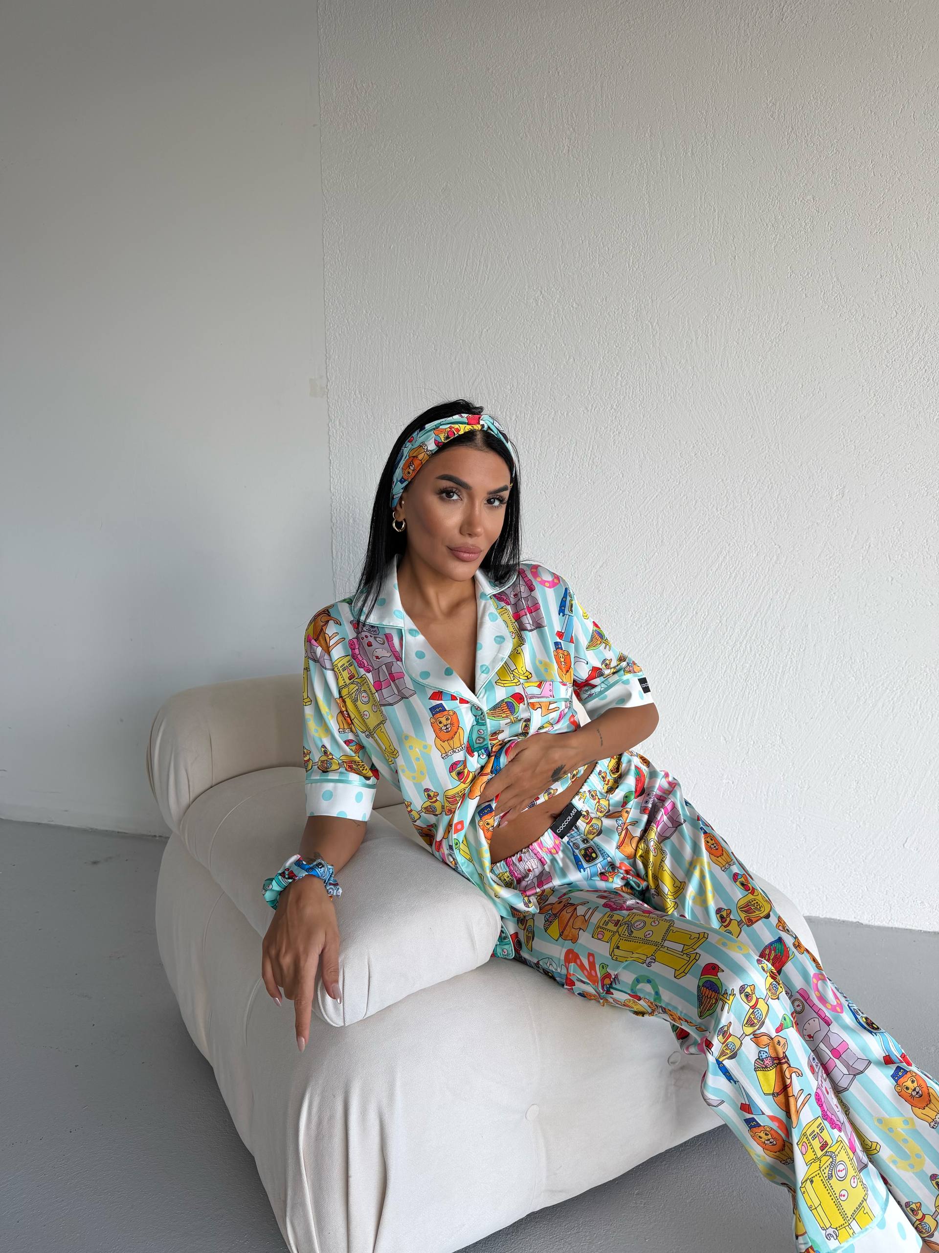 4 Parça Premium Saten Pijama Seti | Toka & Bandana Dahil ✨