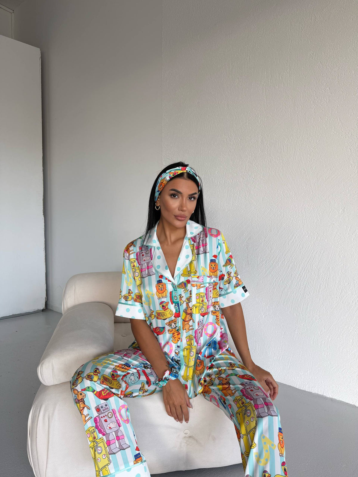 4 Parça Premium Saten Pijama Seti | Toka & Bandana Dahil ✨