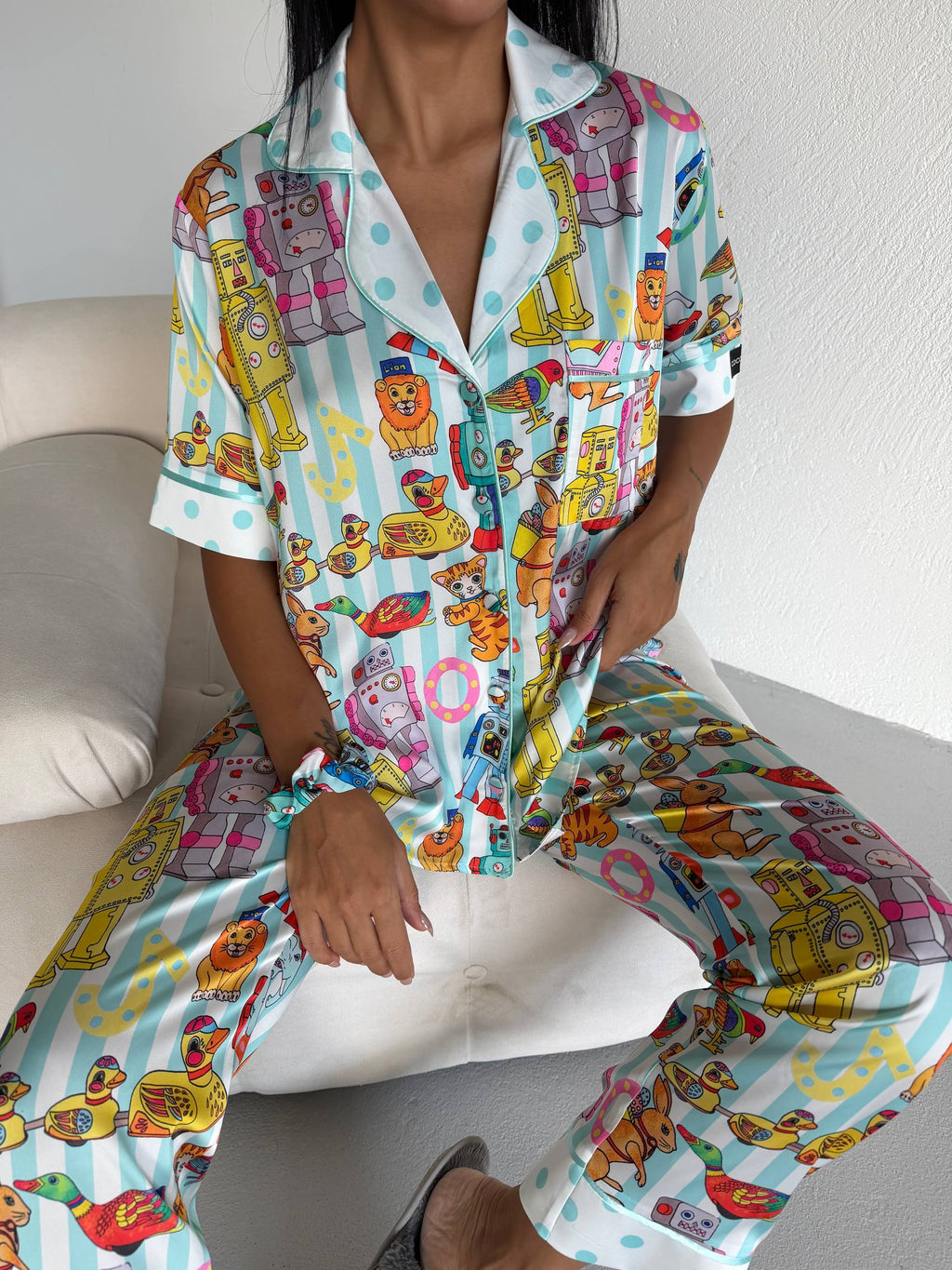 4 Parça Premium Saten Pijama Seti | Toka & Bandana Dahil ✨