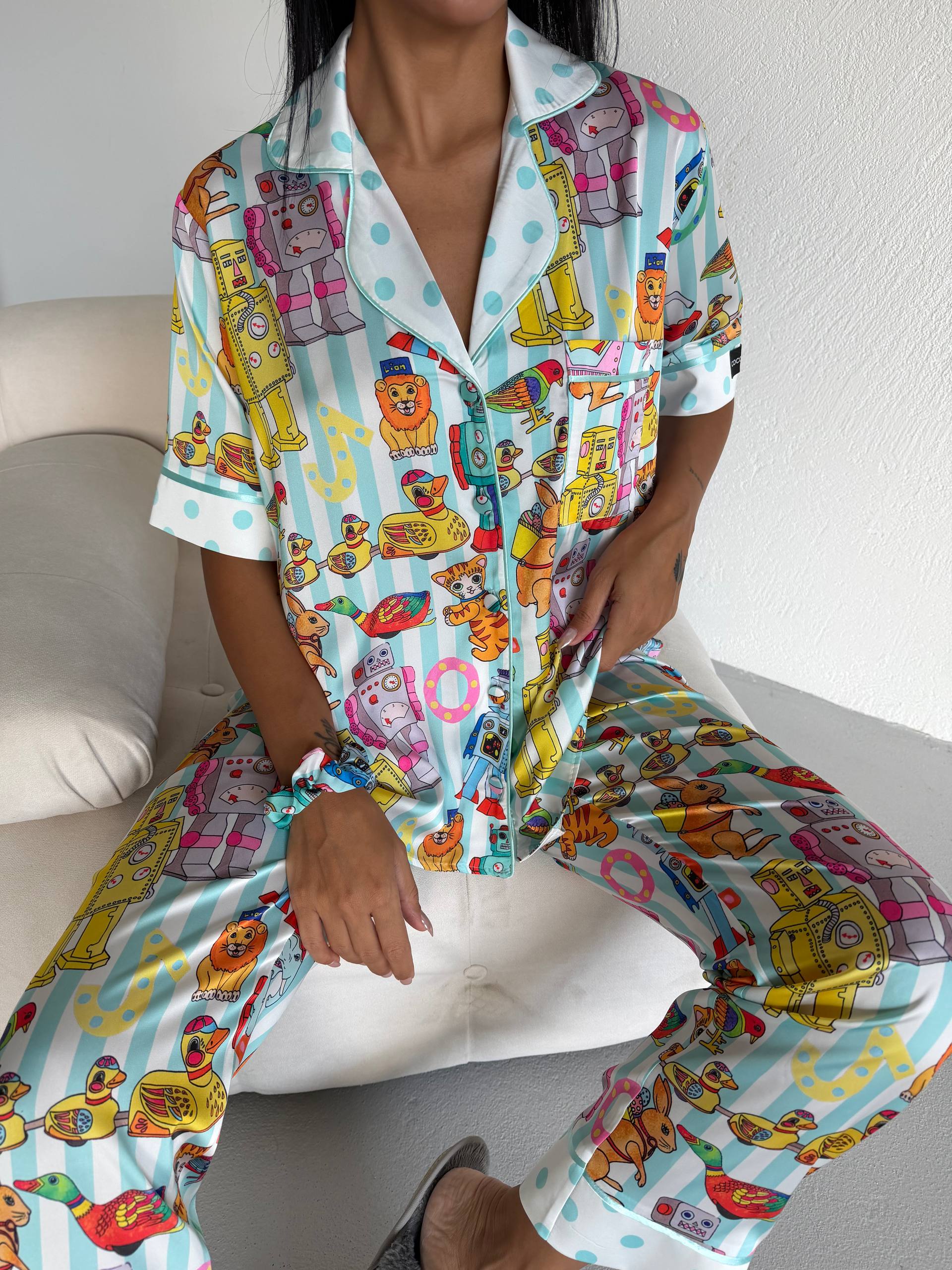 4 Parça Premium Saten Pijama Seti | Toka & Bandana Dahil ✨