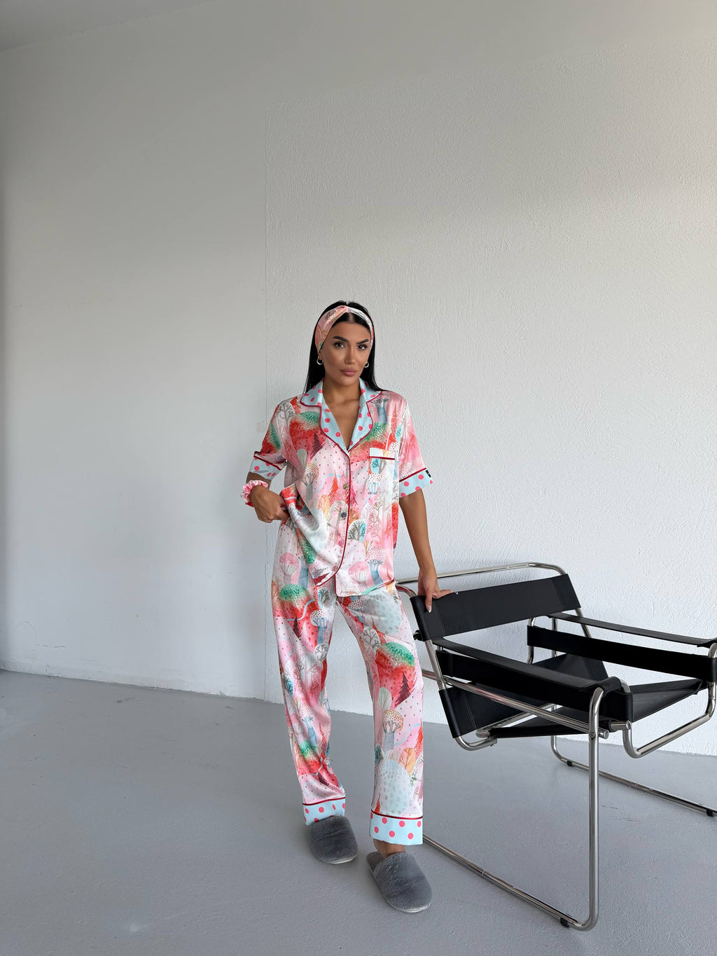 4 Parça Premium Saten Pijama Seti | Toka & Bandana Dahil ✨