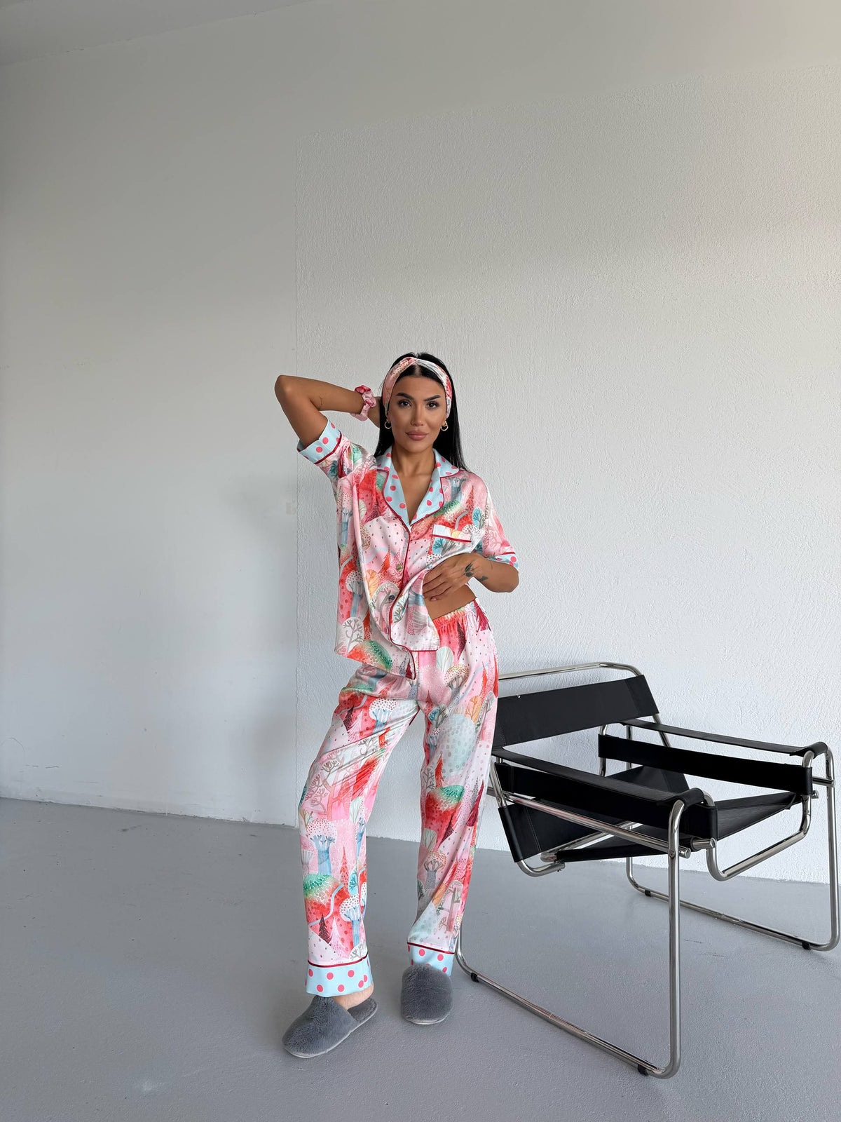 4 Parça Premium Saten Pijama Seti | Toka & Bandana Dahil ✨