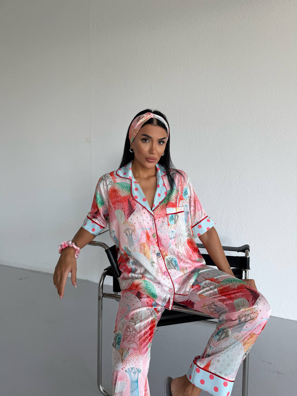 4 Parça Premium Saten Pijama Seti | Toka & Bandana Dahil ✨