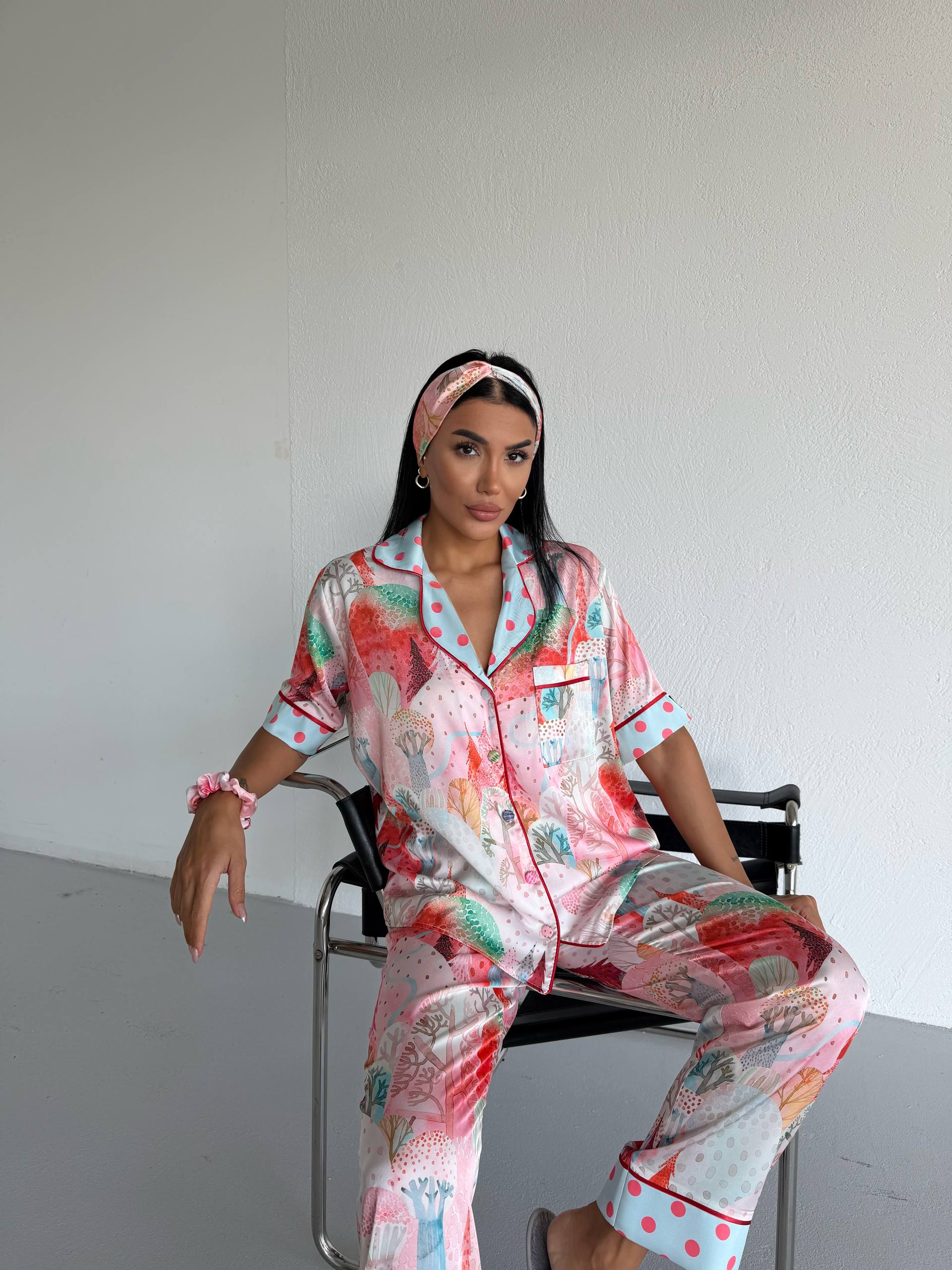 4 Parça Premium Saten Pijama Seti | Toka & Bandana Dahil ✨