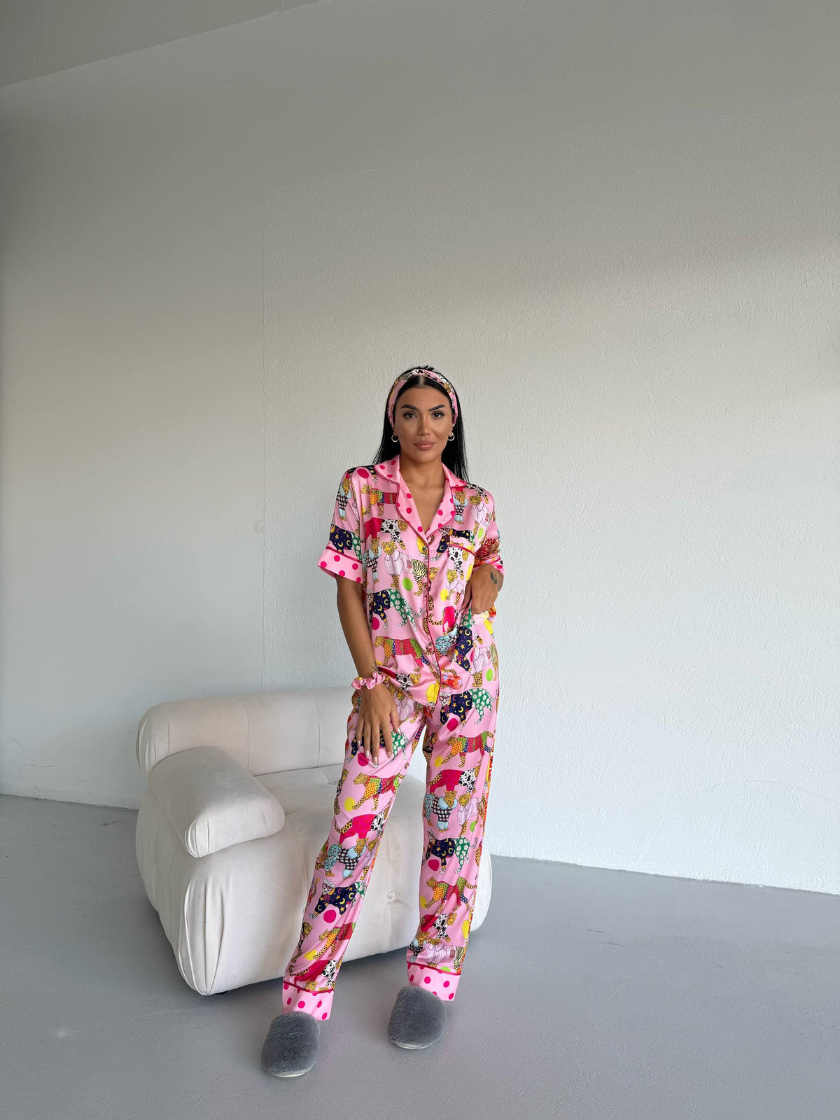 4 Parça Premium Saten Pijama Seti | Toka & Bandana Dahil ✨