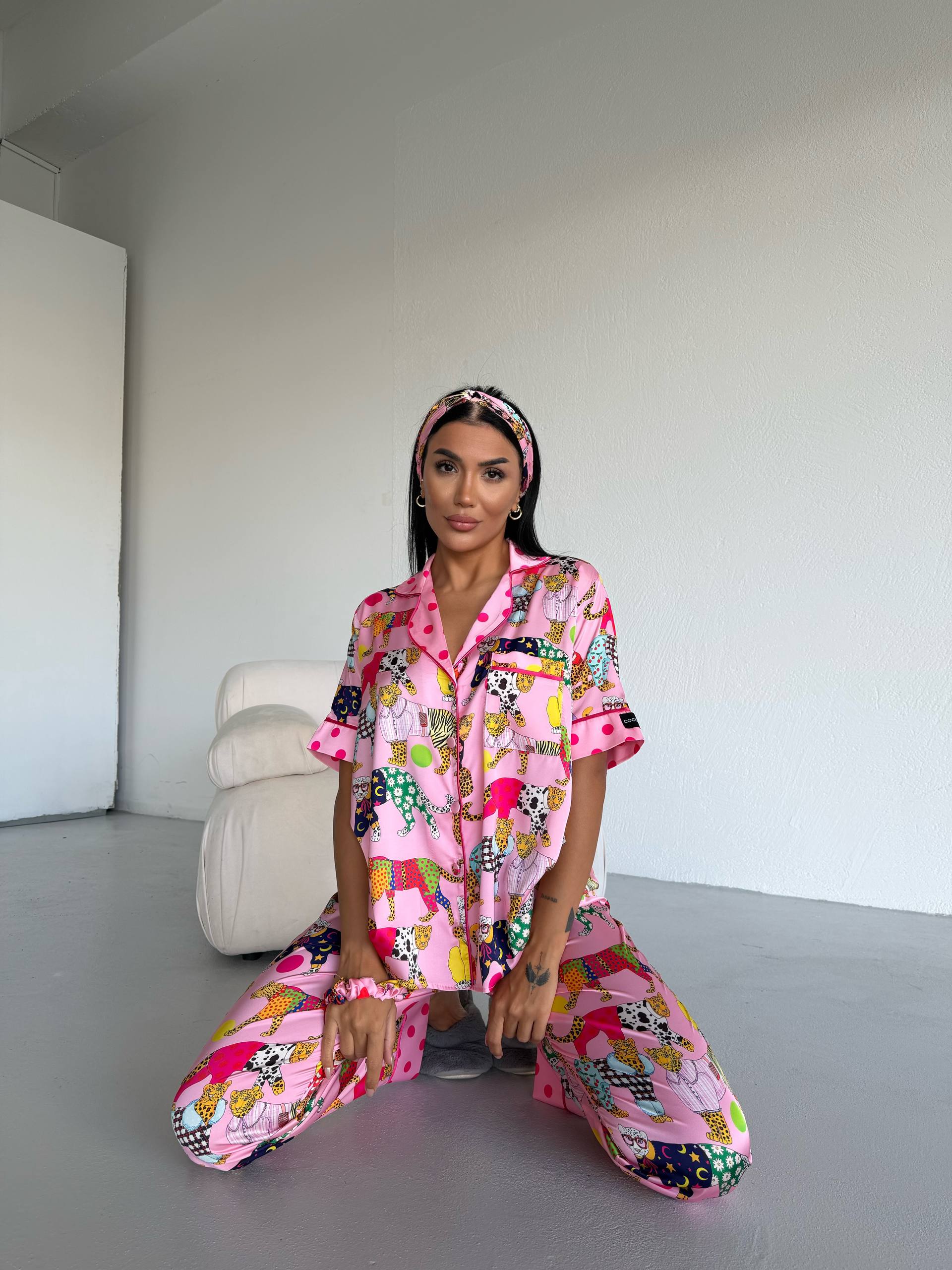4 Parça Premium Saten Pijama Seti | Toka & Bandana Dahil ✨