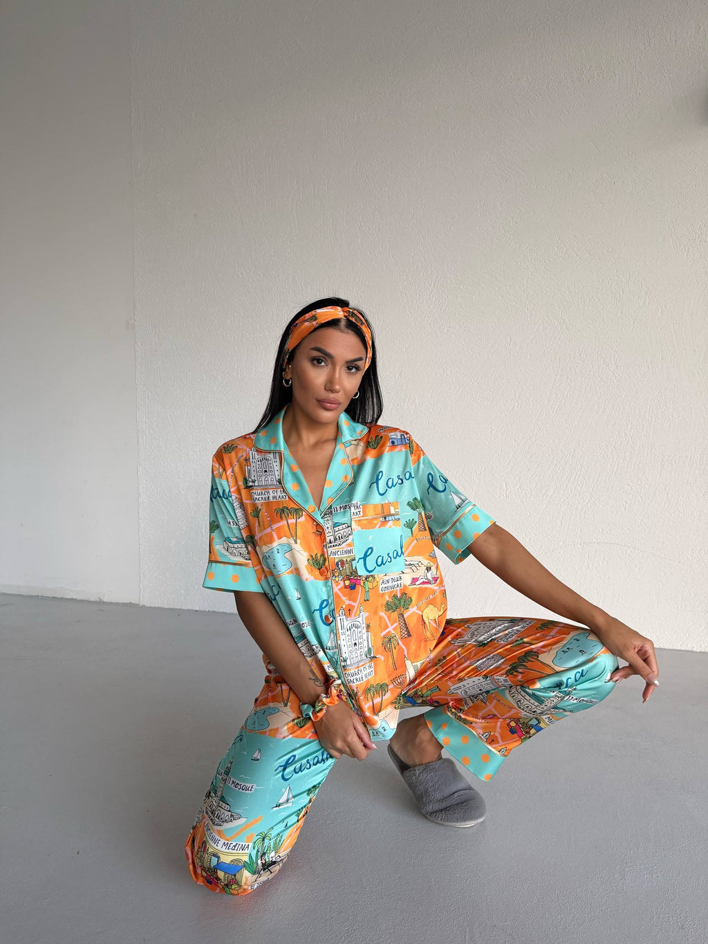4 Parça Premium Saten Pijama Seti | Toka & Bandana Dahil ✨