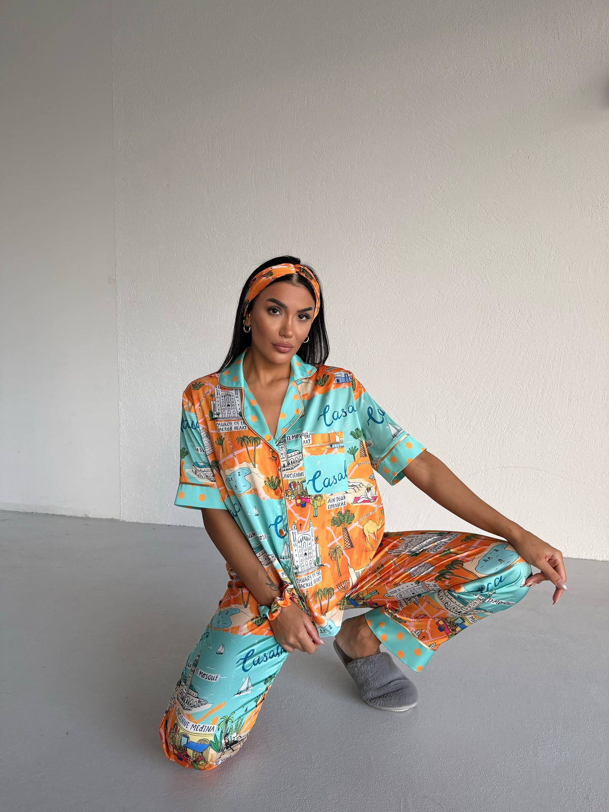 4 Parça Premium Saten Pijama Seti | Toka & Bandana Dahil ✨