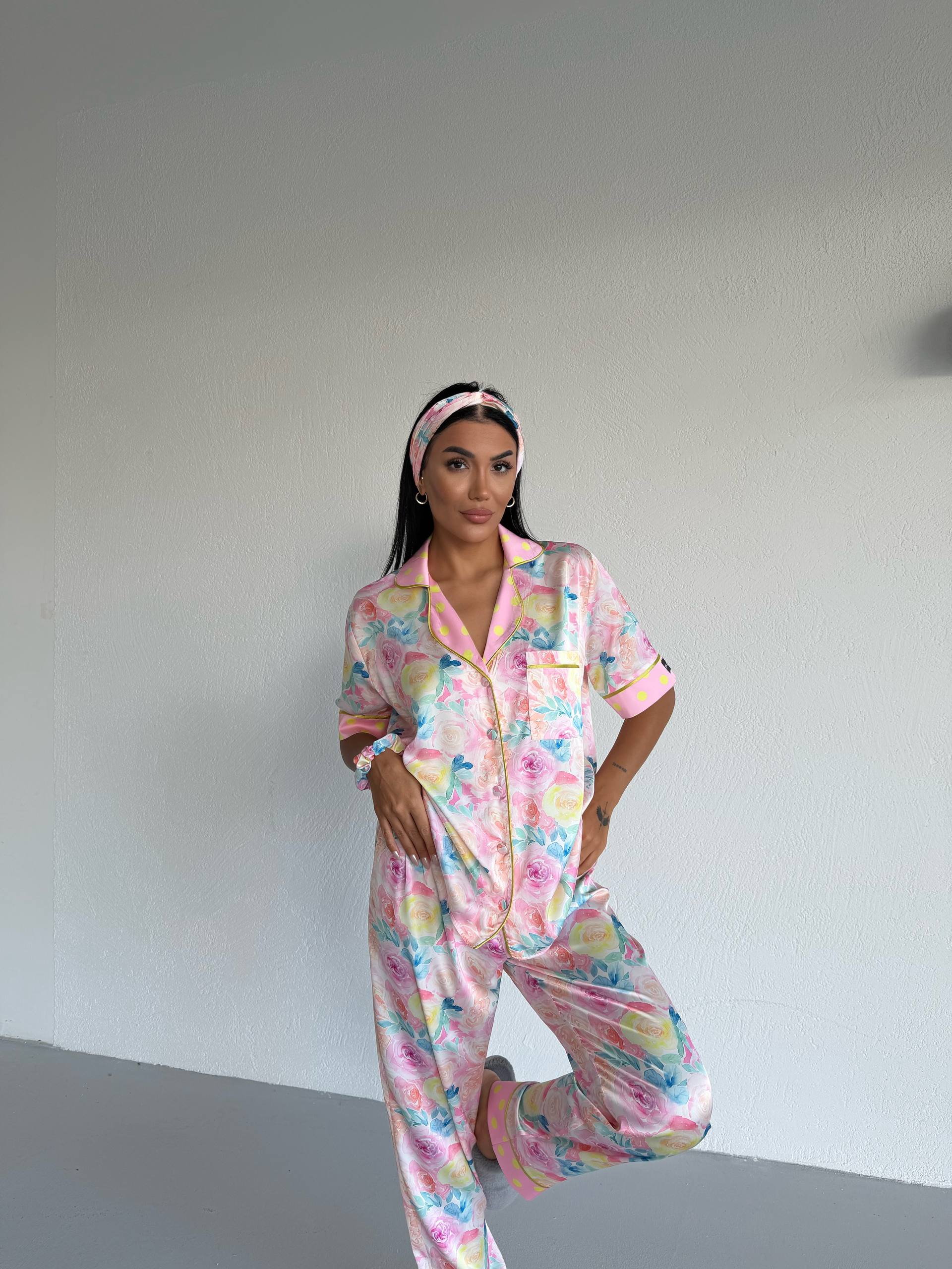4 Parça Premium Saten Pijama Seti | Toka & Bandana Dahil ✨