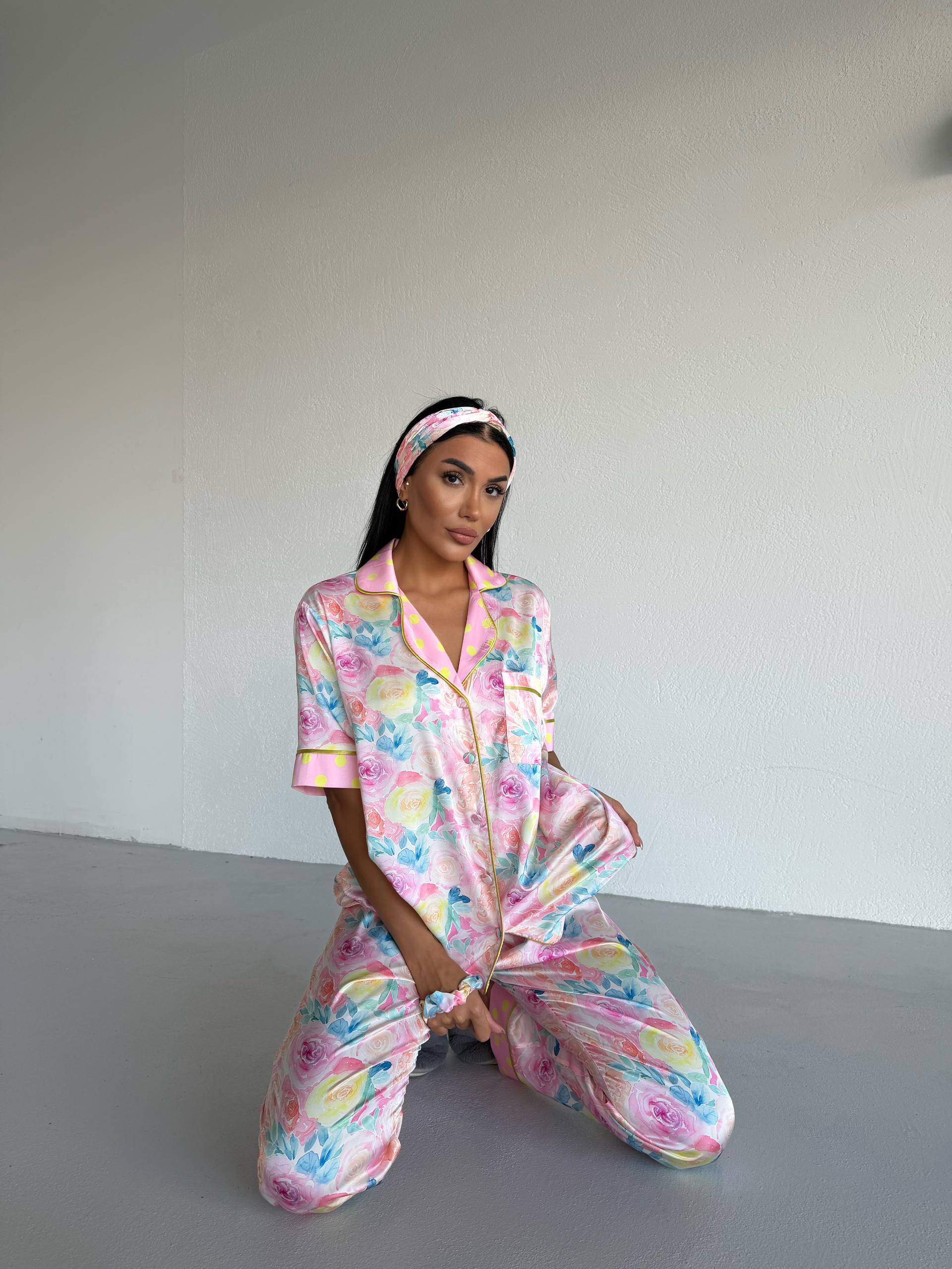 4 Parça Premium Saten Pijama Seti | Toka & Bandana Dahil ✨