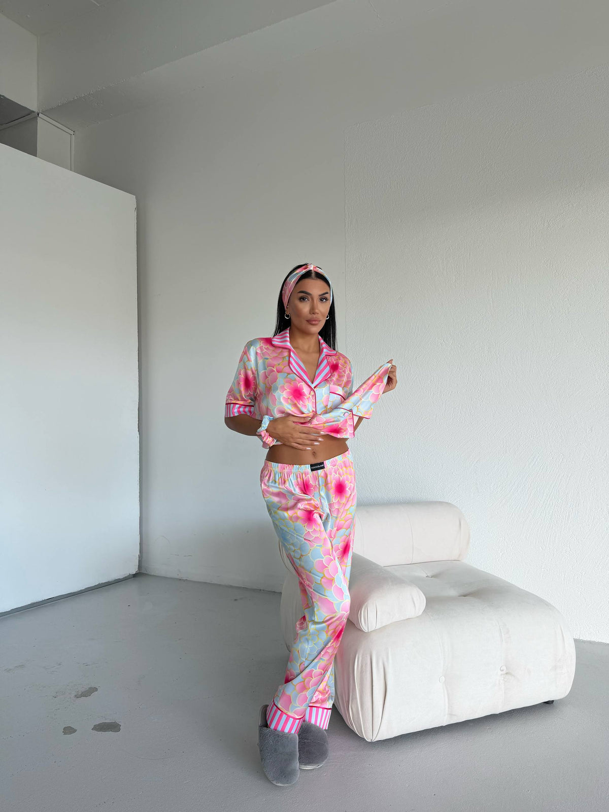4 Parça Premium Saten Pijama Seti | Toka & Bandana Dahil ✨