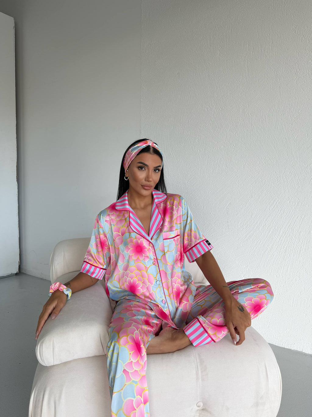 4 Parça Premium Saten Pijama Seti | Toka & Bandana Dahil ✨