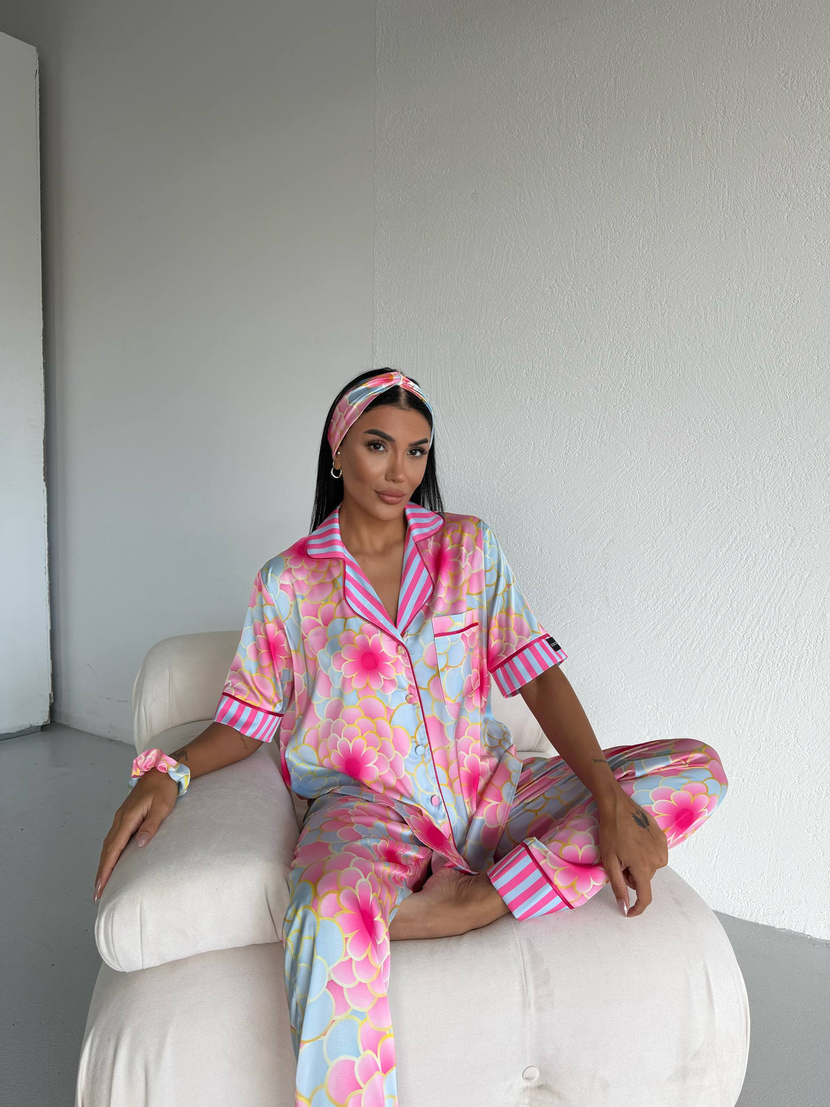 4 Parça Premium Saten Pijama Seti | Toka & Bandana Dahil ✨
