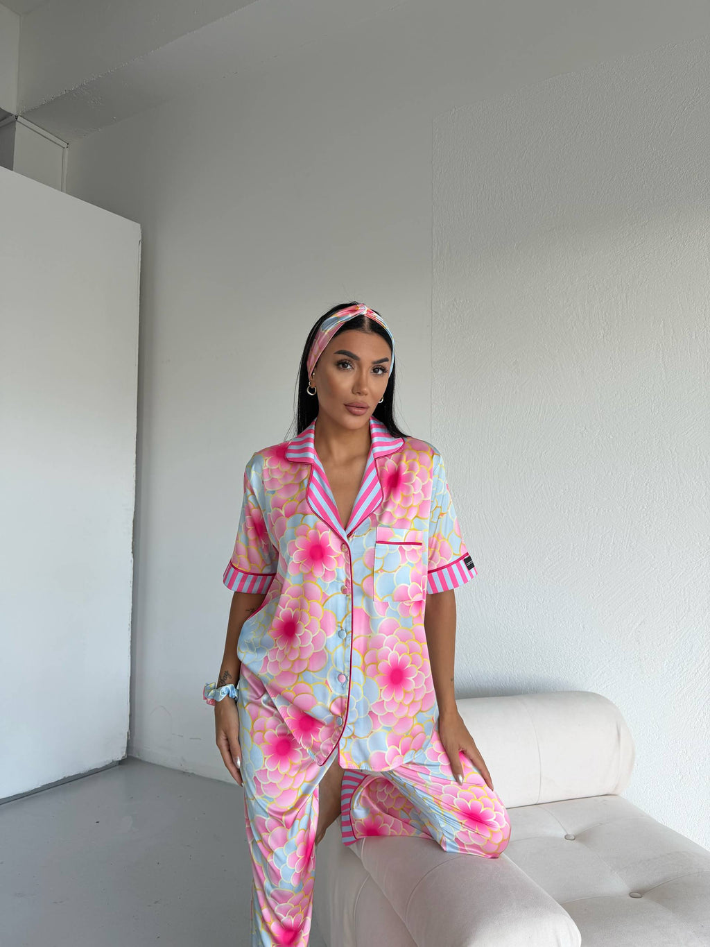 4 Parça Premium Saten Pijama Seti | Toka & Bandana Dahil ✨