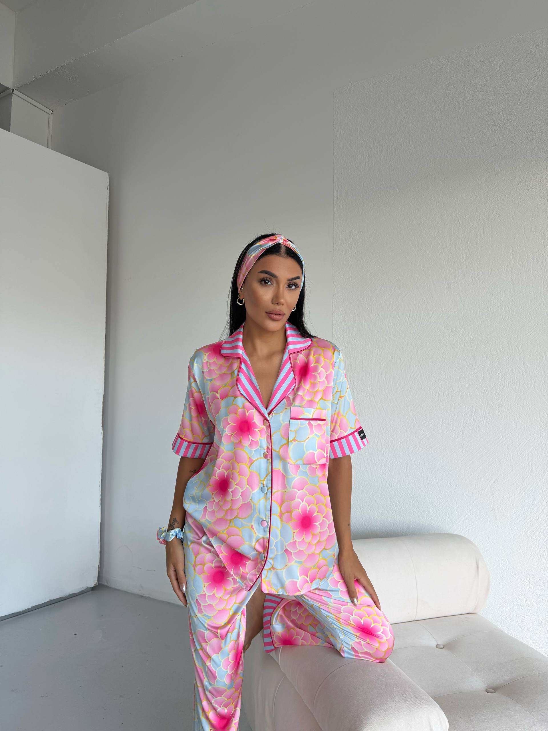 4 Parça Premium Saten Pijama Seti | Toka & Bandana Dahil ✨