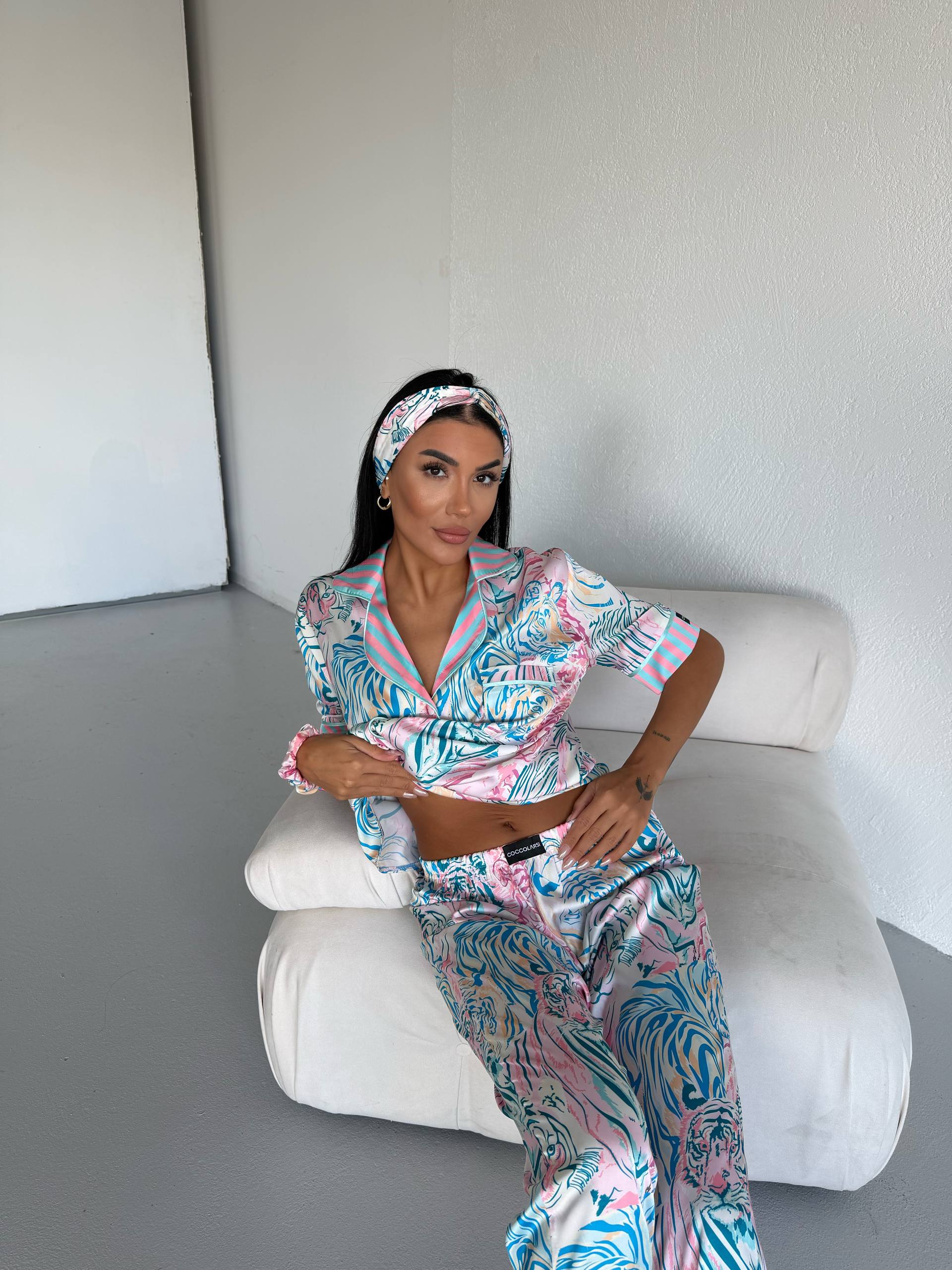 4 Parça Premium Saten Pijama Seti | Toka & Bandana Dahil ✨