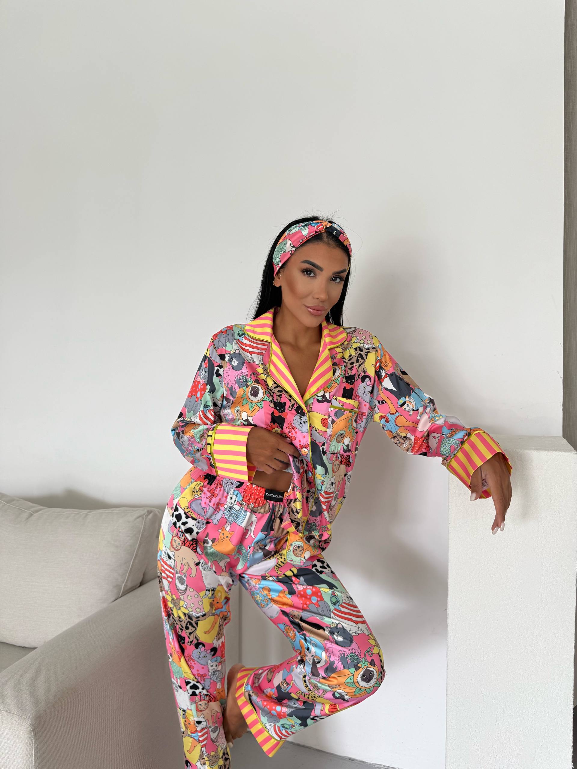 4 Parça Premium Saten Pijama Seti | Toka & Bandana Dahil ✨
