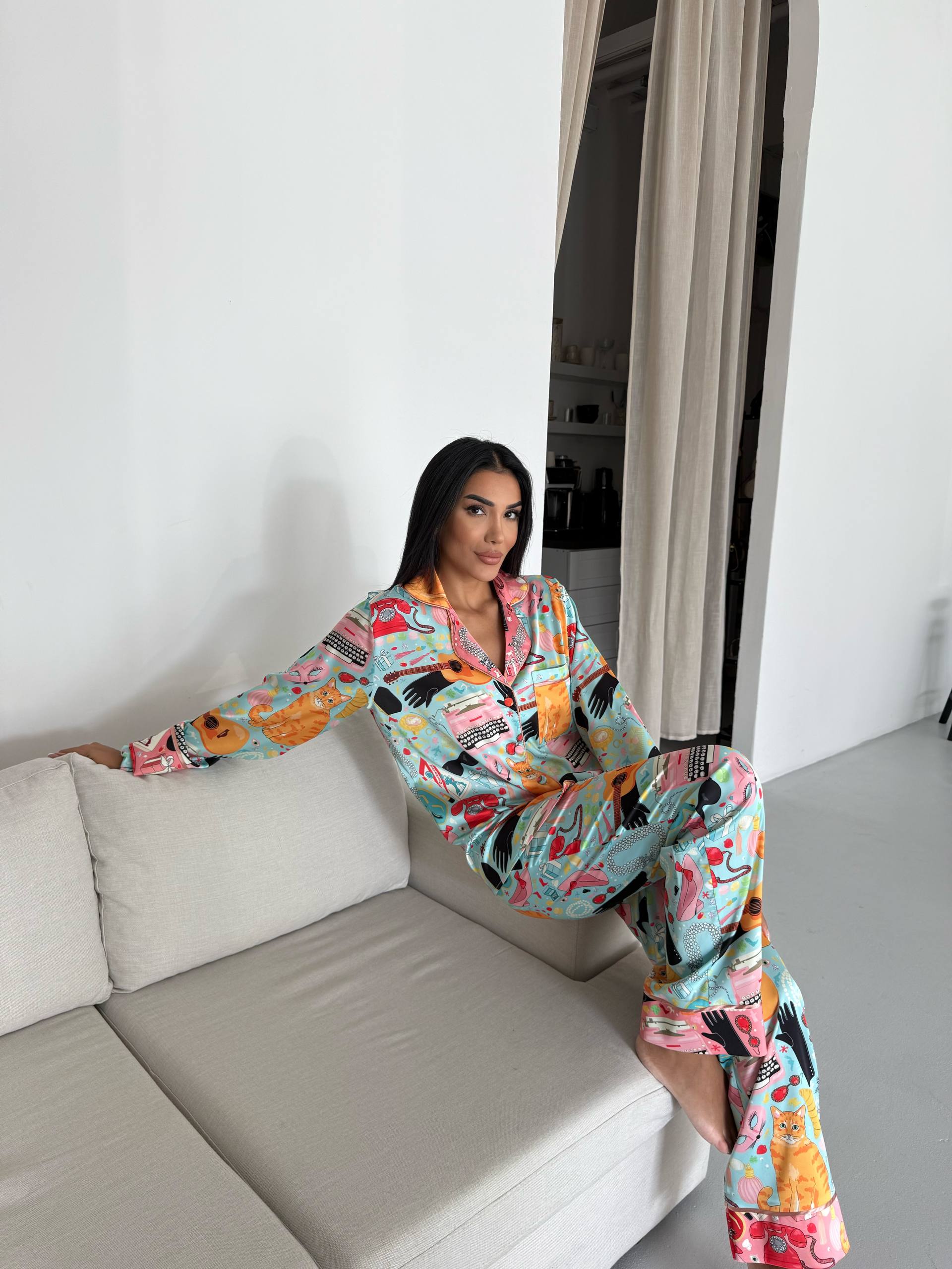 4 Parça Premium Saten Pijama Seti | Toka & Bandana Dahil ✨