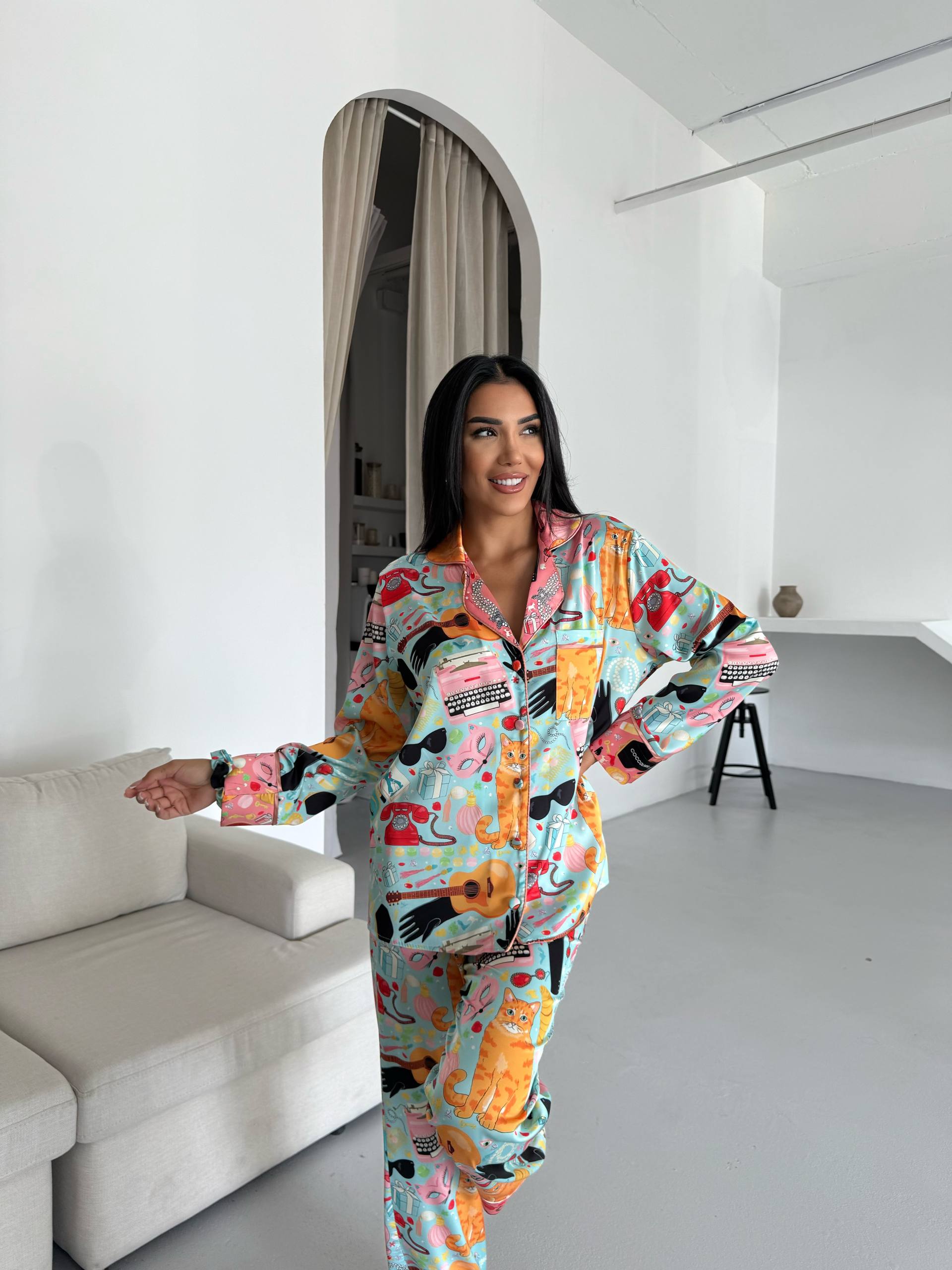 4 Parça Premium Saten Pijama Seti | Toka & Bandana Dahil ✨