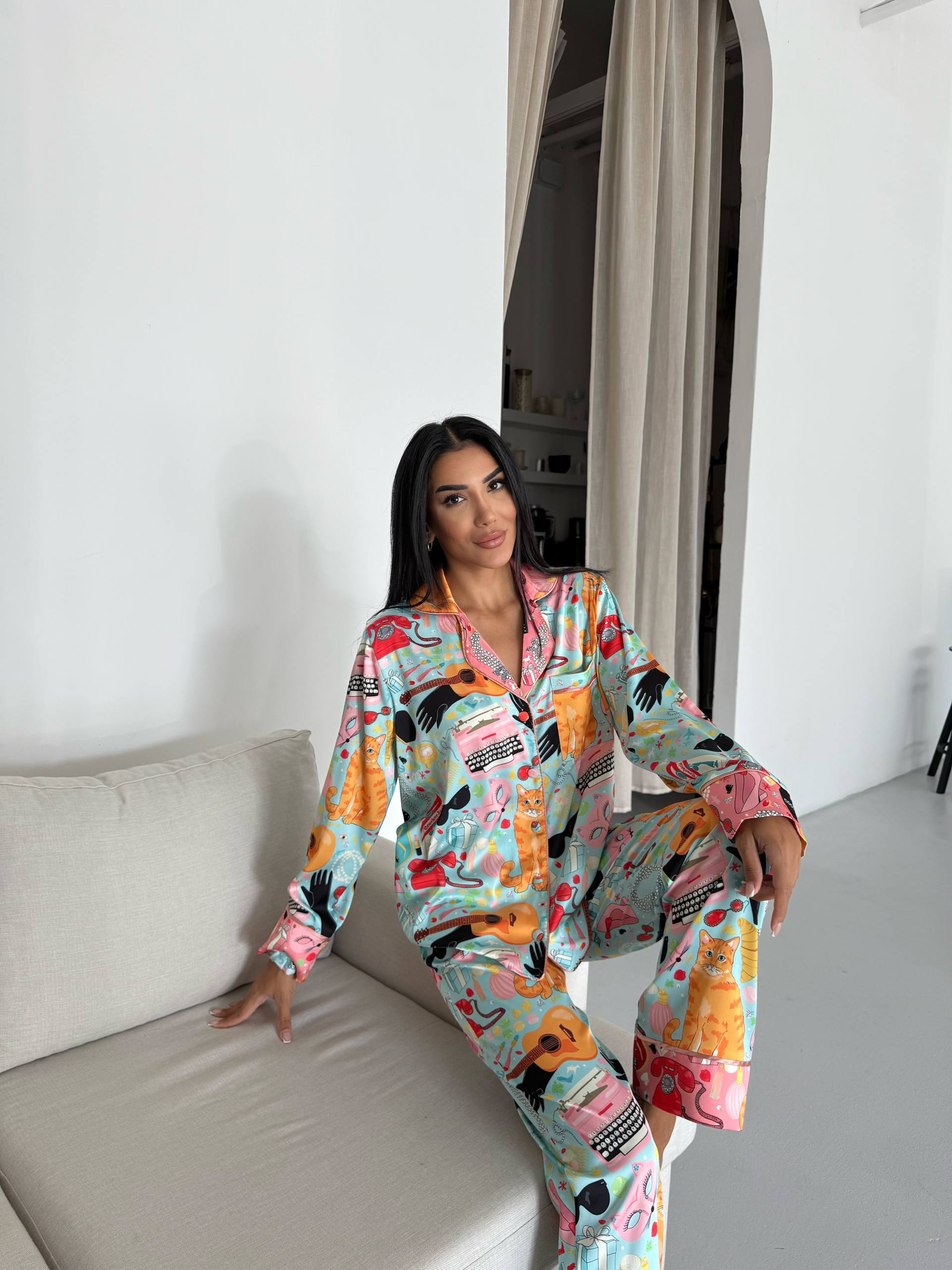 4 Parça Premium Saten Pijama Seti | Toka & Bandana Dahil ✨