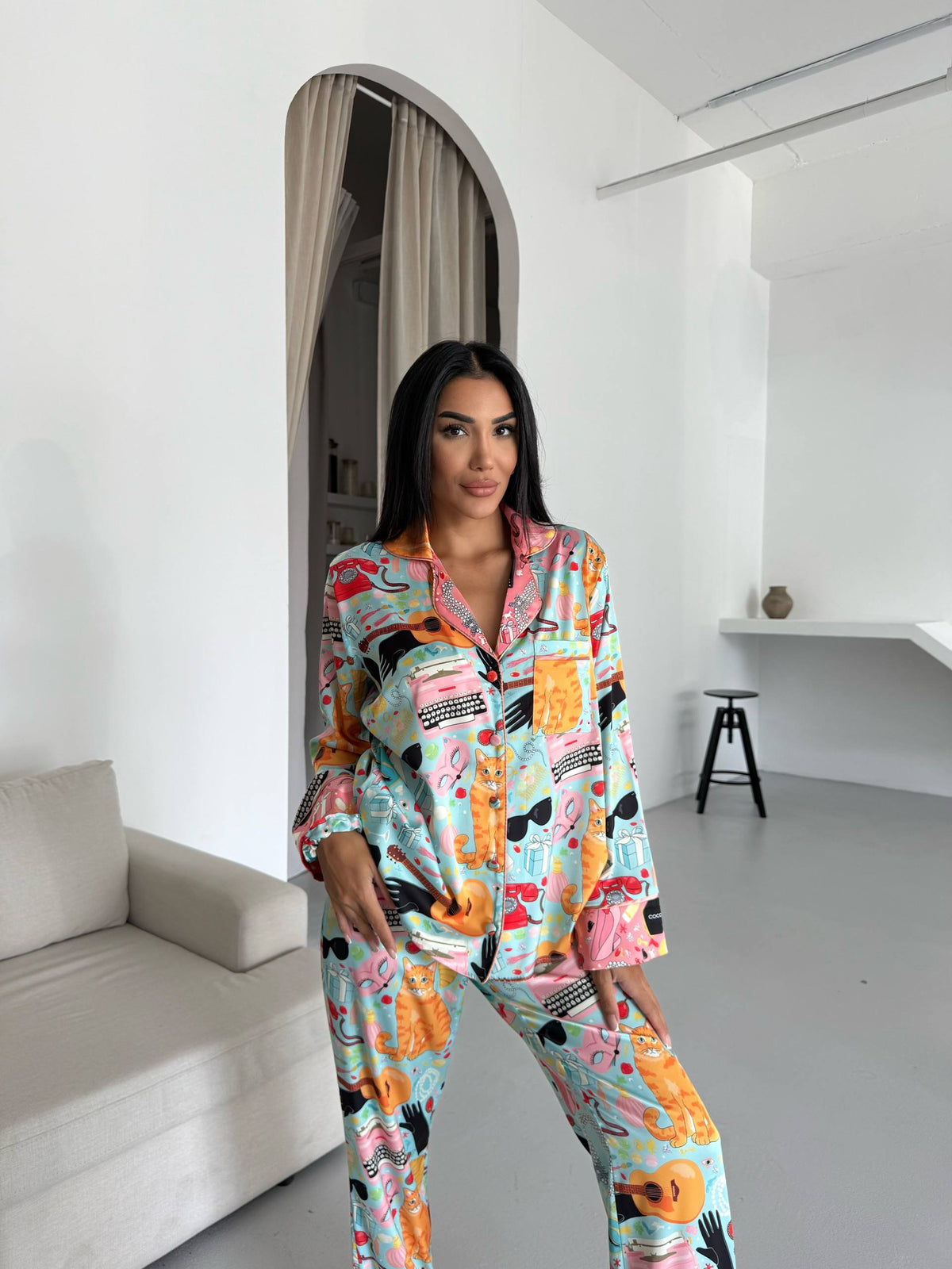 4 Parça Premium Saten Pijama Seti | Toka & Bandana Dahil ✨