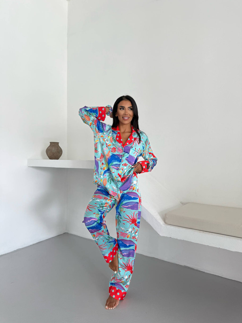 4 Parça Premium Saten Pijama Seti | Toka & Bandana Dahil ✨
