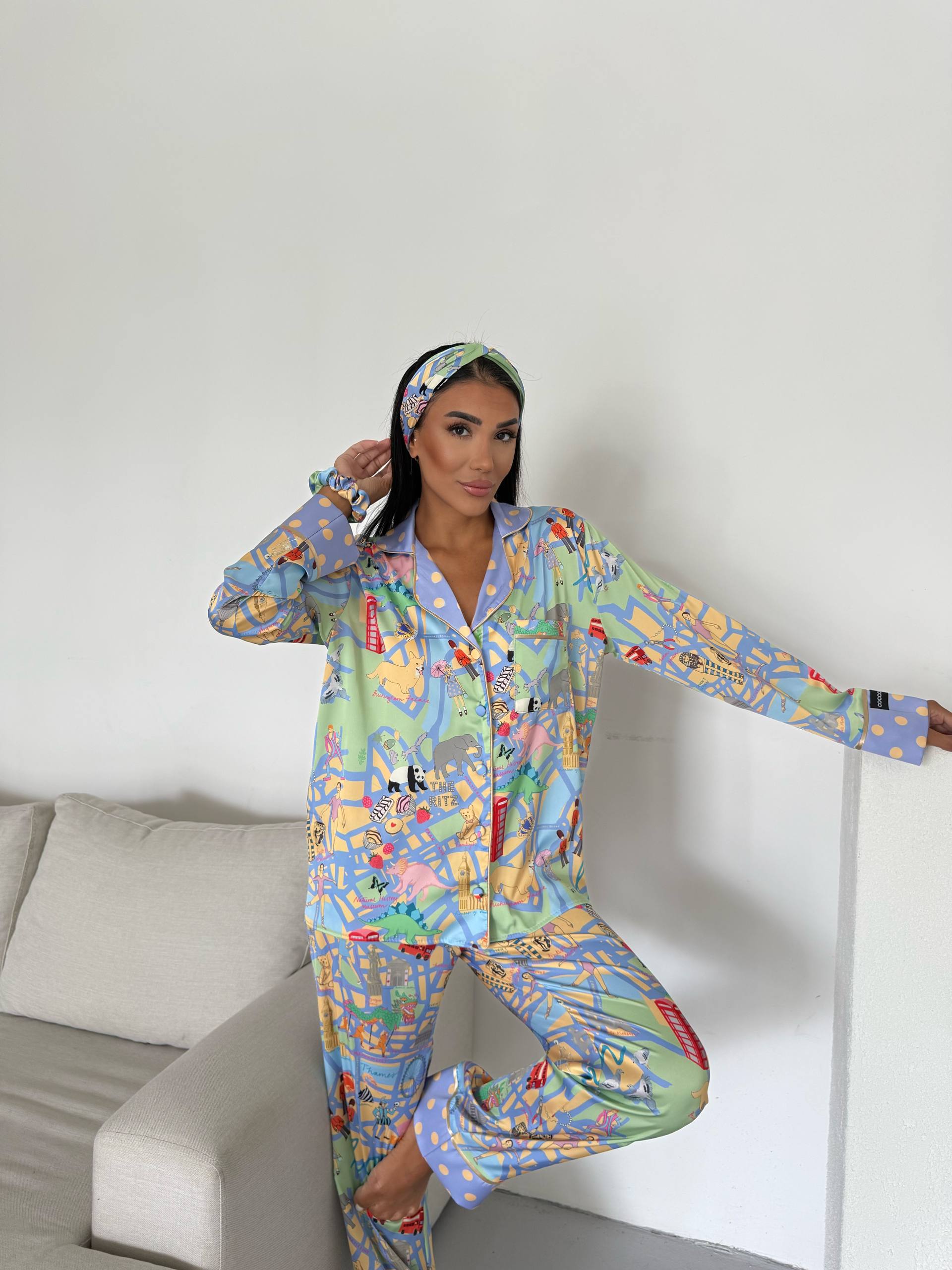 4 Parça Premium Saten Pijama Seti | Toka & Bandana Dahil ✨