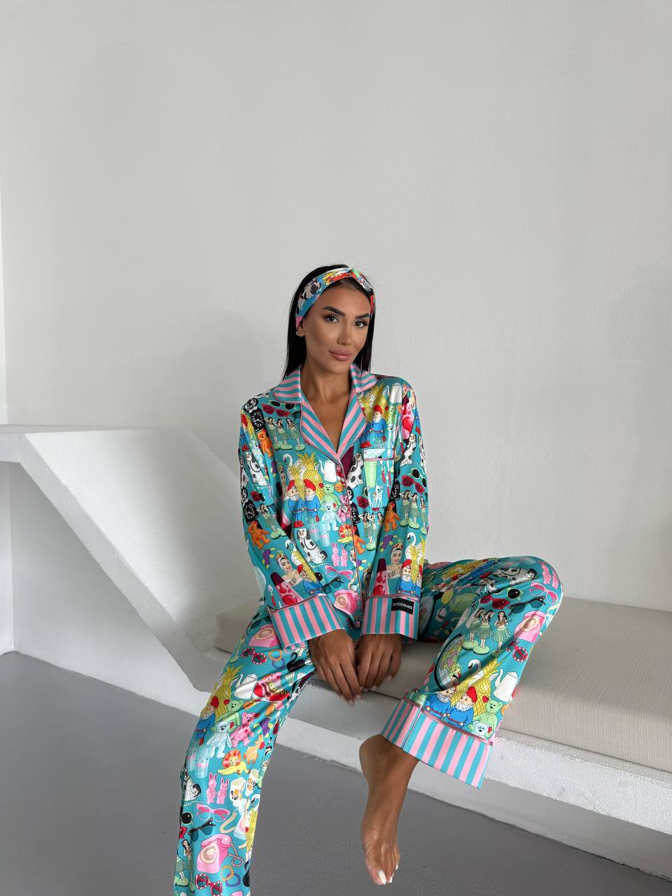 4 Parça Premium Saten Pijama Seti | Toka & Bandana Dahil ✨