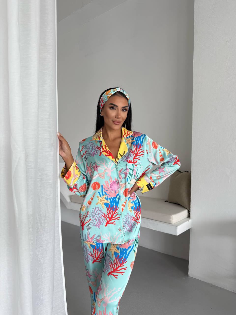 4 Parça Premium Saten Pijama Seti | Toka & Bandana Dahil ✨