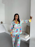 4 Parça Premium Saten Pijama Seti | Toka & Bandana Dahil ✨