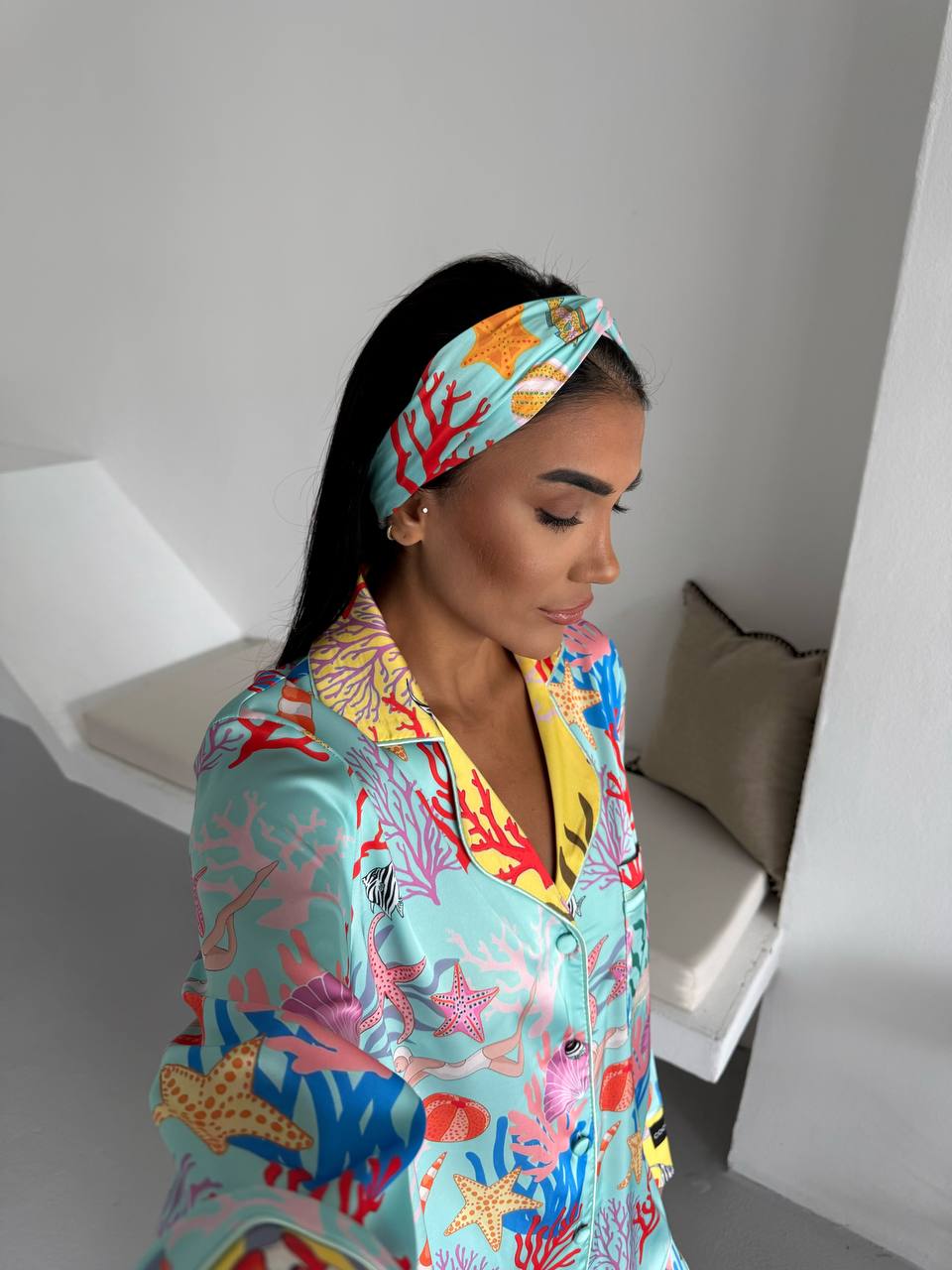 4 Parça Premium Saten Pijama Seti | Toka & Bandana Dahil ✨
